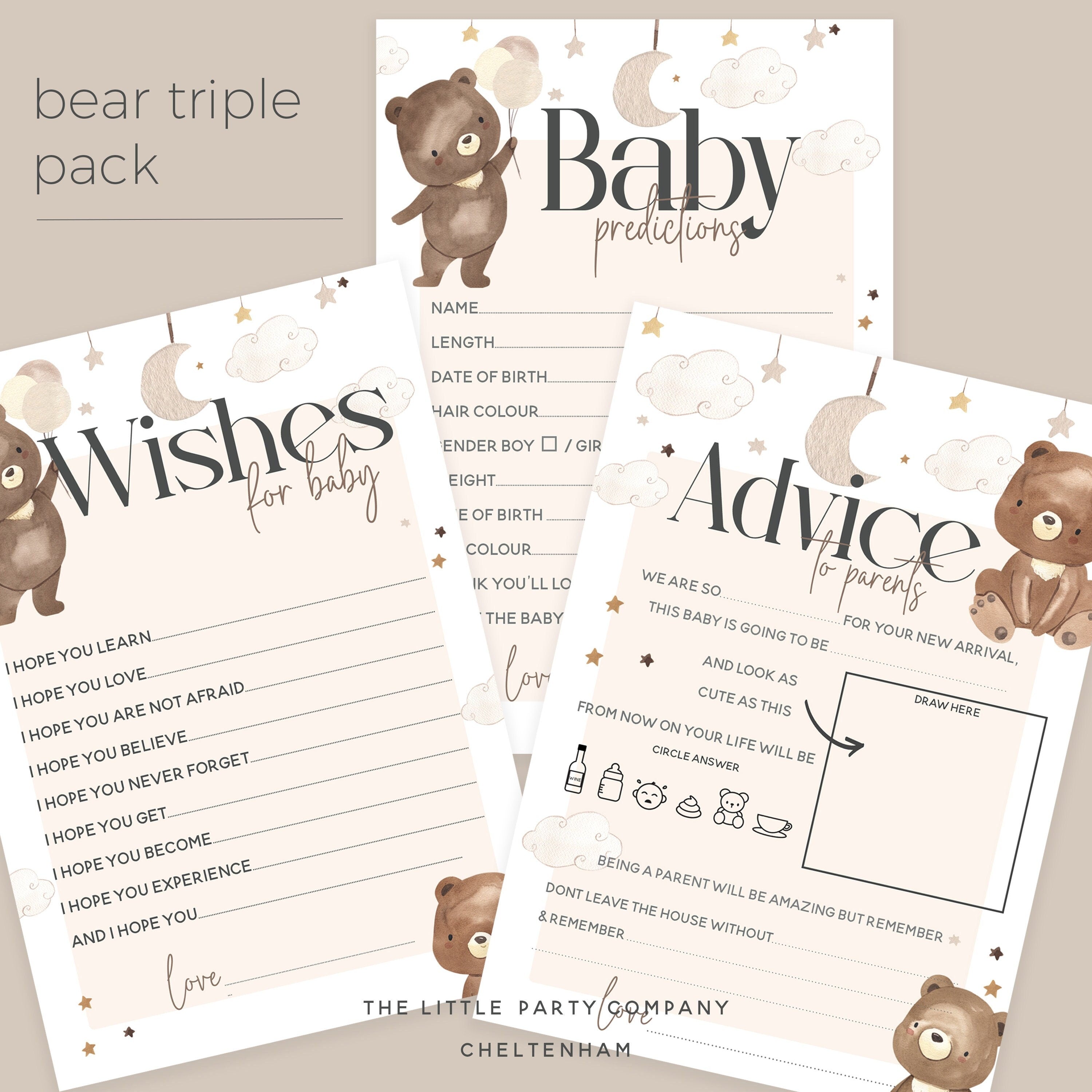 Baby Shower Bear Theme Game Pack-Baby Predictions-Advice To Parents-Wishes For Baby-Teddy Bear Baby Shower Games-Gender Neutral-Unisex Games