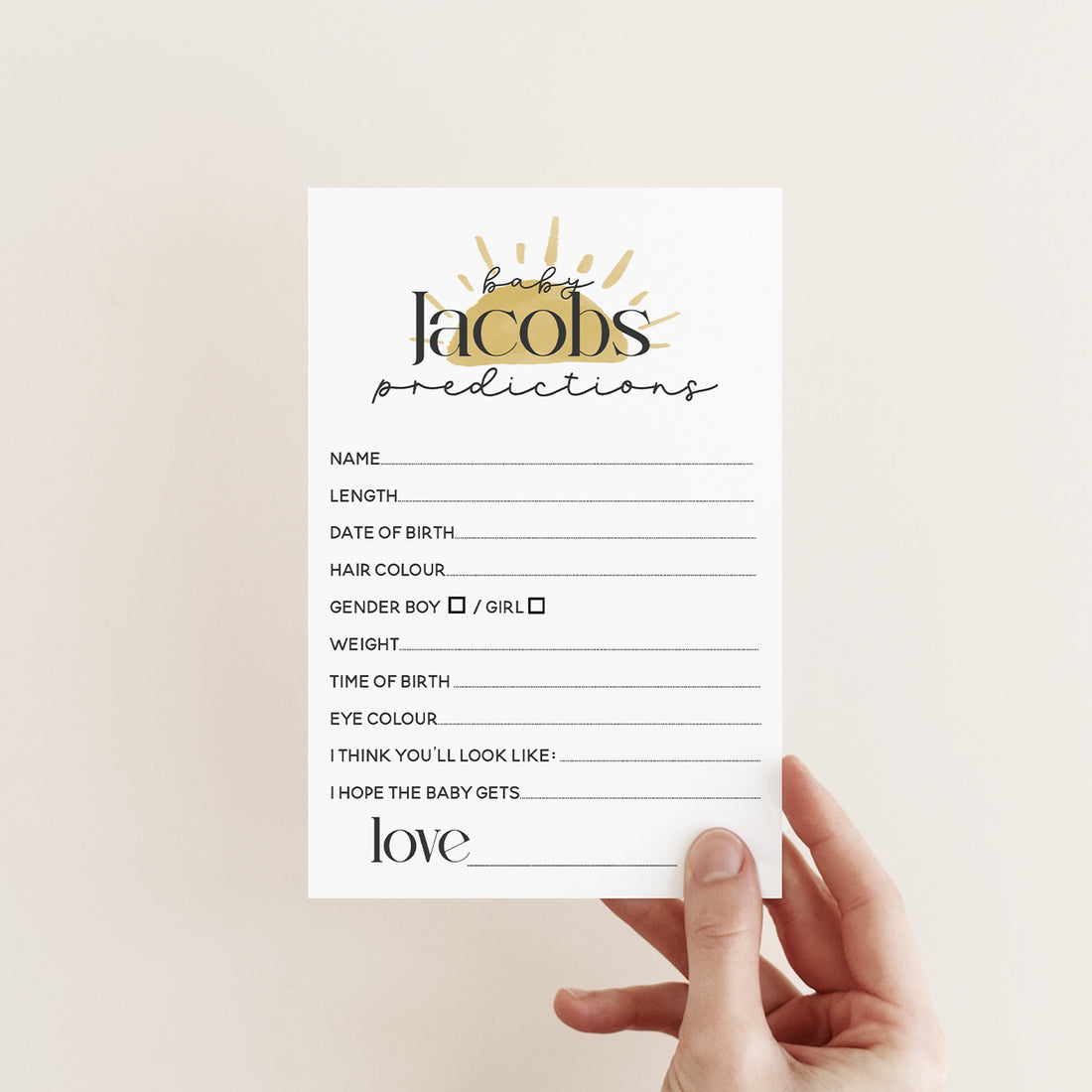 Baby Prediction Cards | Personalised Prediction Game | Baby Shower Games | Heart | Bee | Sun | Rainbow Theme | Neutral Theme | Guess Date