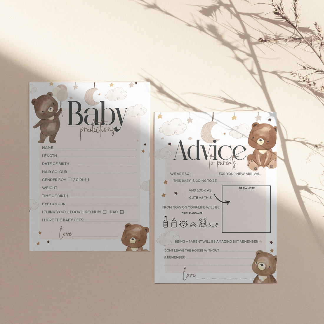 Baby Prediction Cards & Advice For Parents Cards Bundle | Baby Shower Games | Teddy Bear Theme | Neutral Baby Shower | Keepsake | Sprinkle
