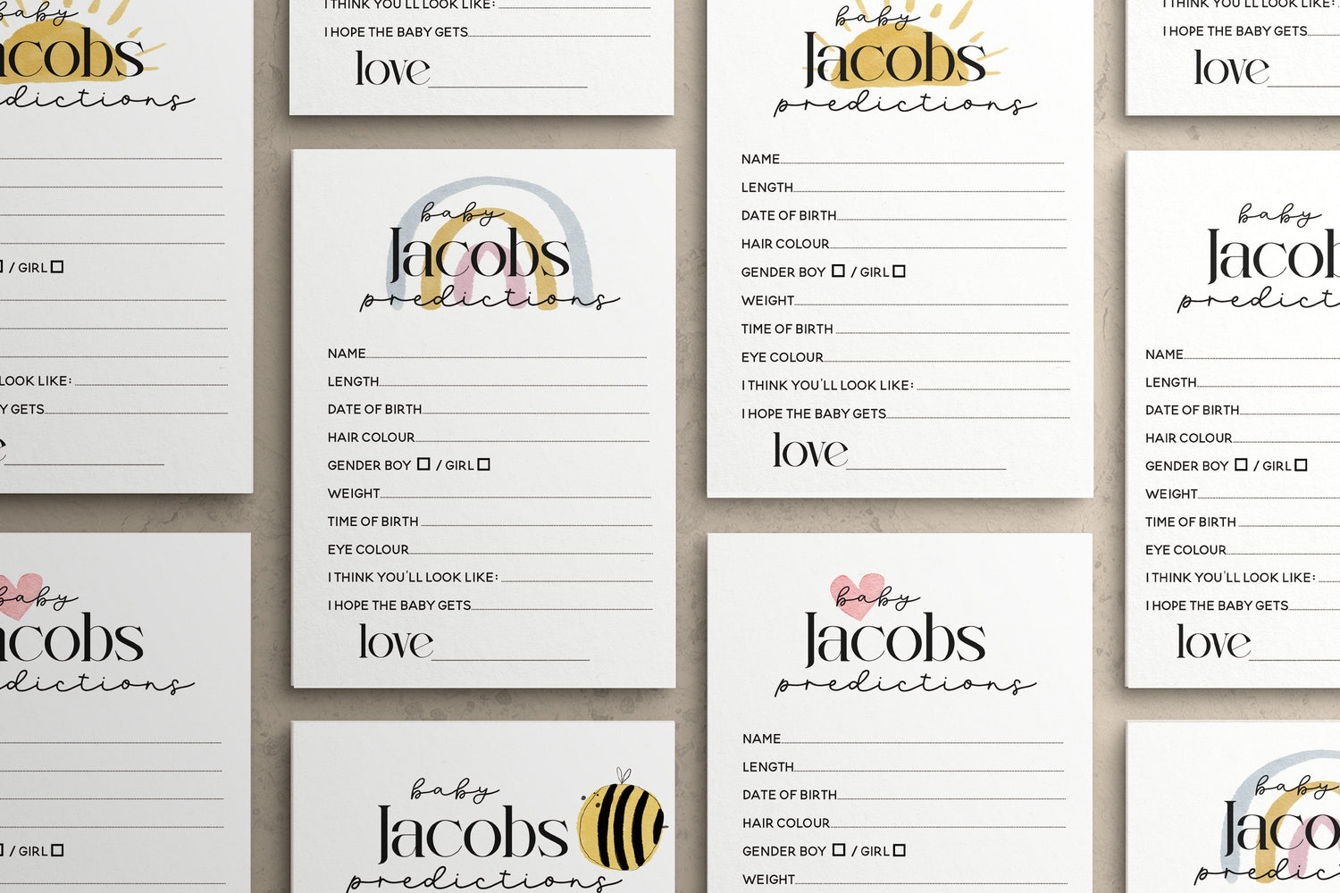 Baby Prediction Cards | Personalised Prediction Game | Baby Shower Games | Heart | Bee | Sun | Rainbow Theme | Neutral Theme | Guess Date