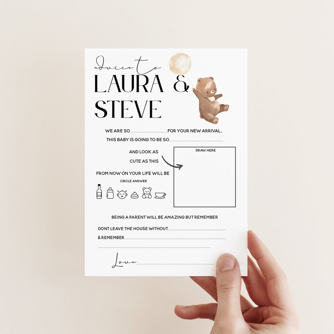 Bear Baby Shower Games-Advice To Parents Cards-Personalised Baby Shower Games-Advice Card-Teddy Bear Theme-Gender Neutral -New Mum Baby Gift