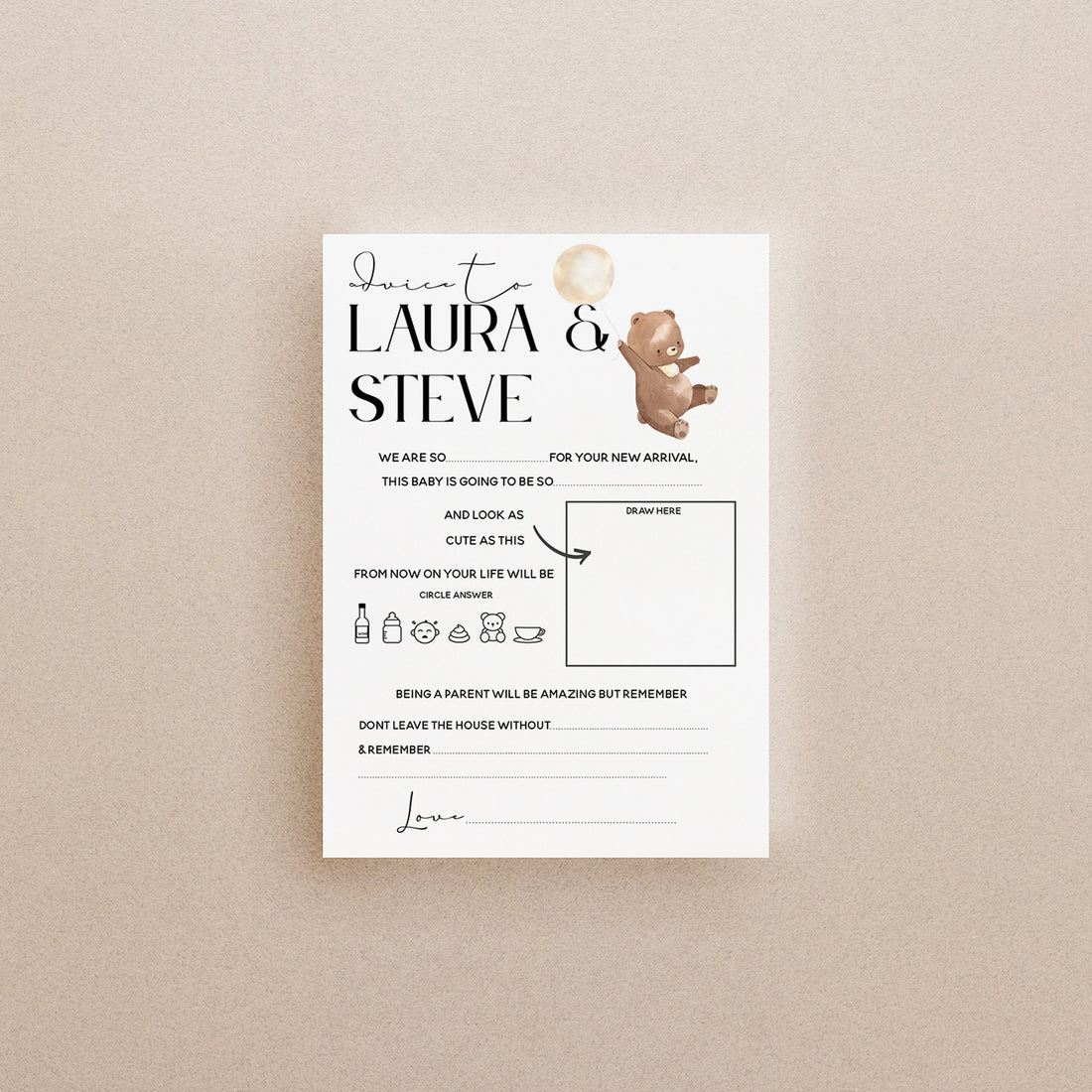 Bear Baby Shower Games-Advice To Parents Cards-Personalised Baby Shower Games-Advice Card-Teddy Bear Theme-Gender Neutral -New Mum Baby Gift