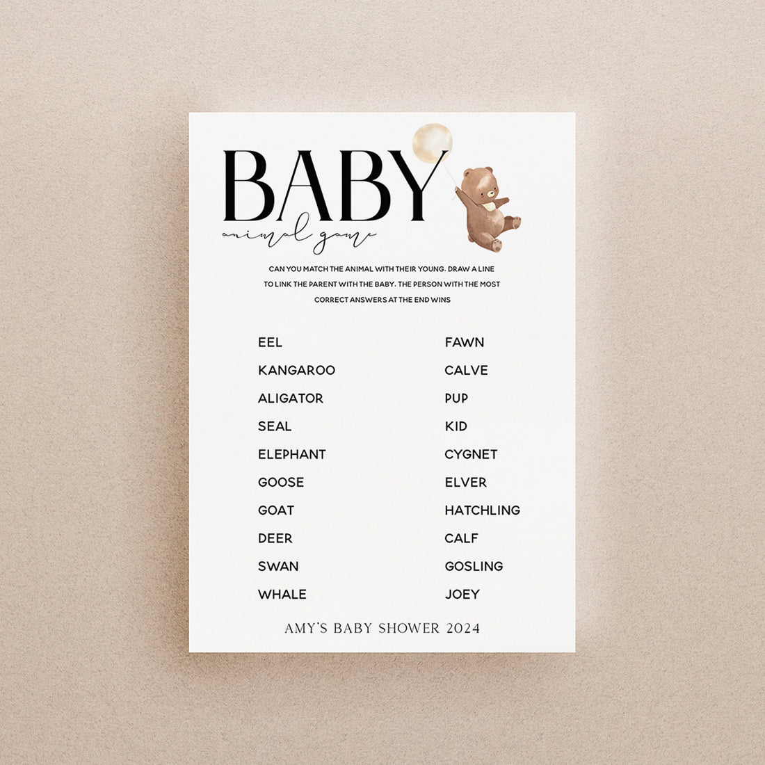 Bear Baby Shower Games-Animal Game Card-Personalised Baby Shower Games-Baby Animal -Teddy Bear Theme-Gender Neutral Unisex-New Mum Baby Gift