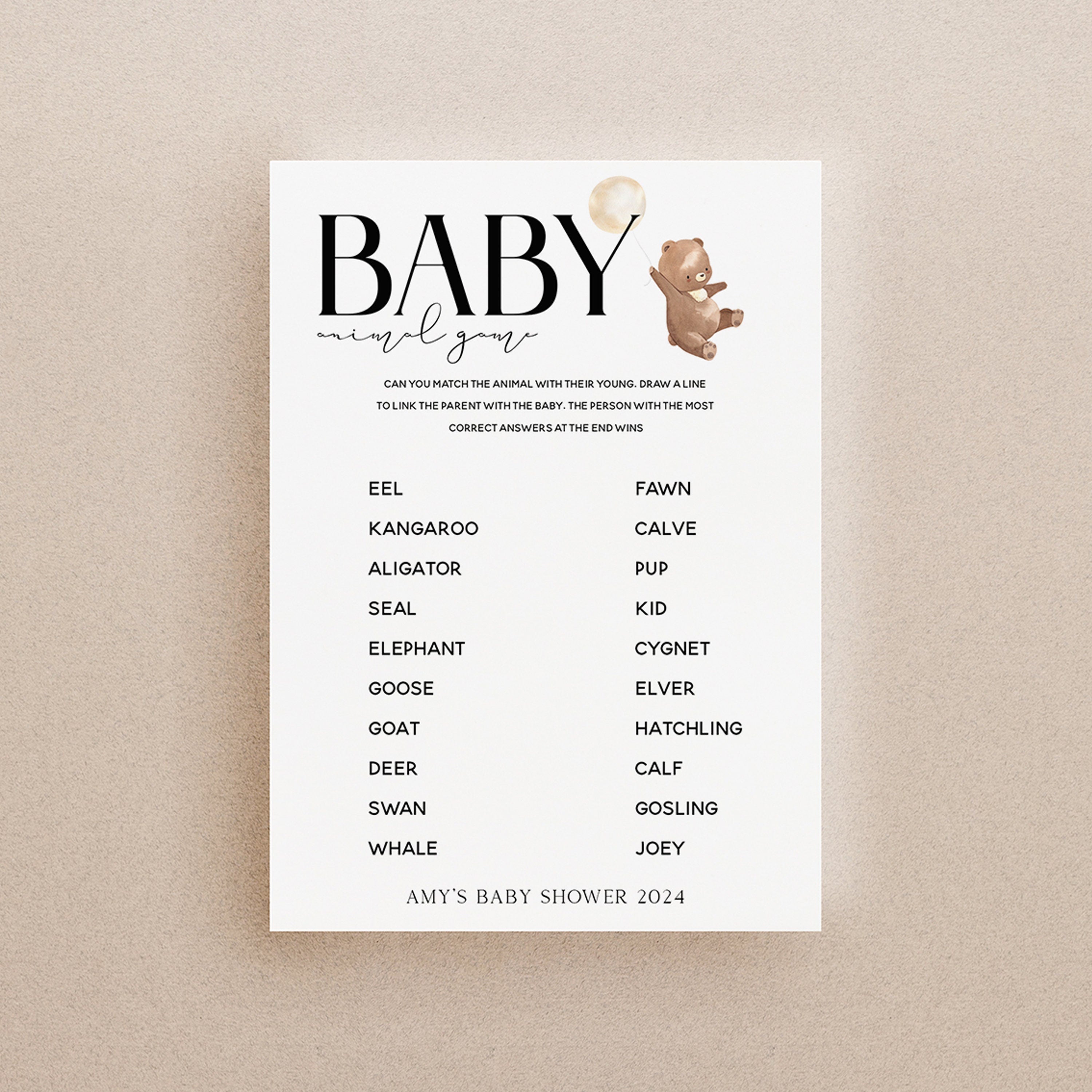 Bear Baby Shower Games-Animal Game Card-Personalised Baby Shower Games-Baby Animal -Teddy Bear Theme-Gender Neutral Unisex-New Mum Baby Gift