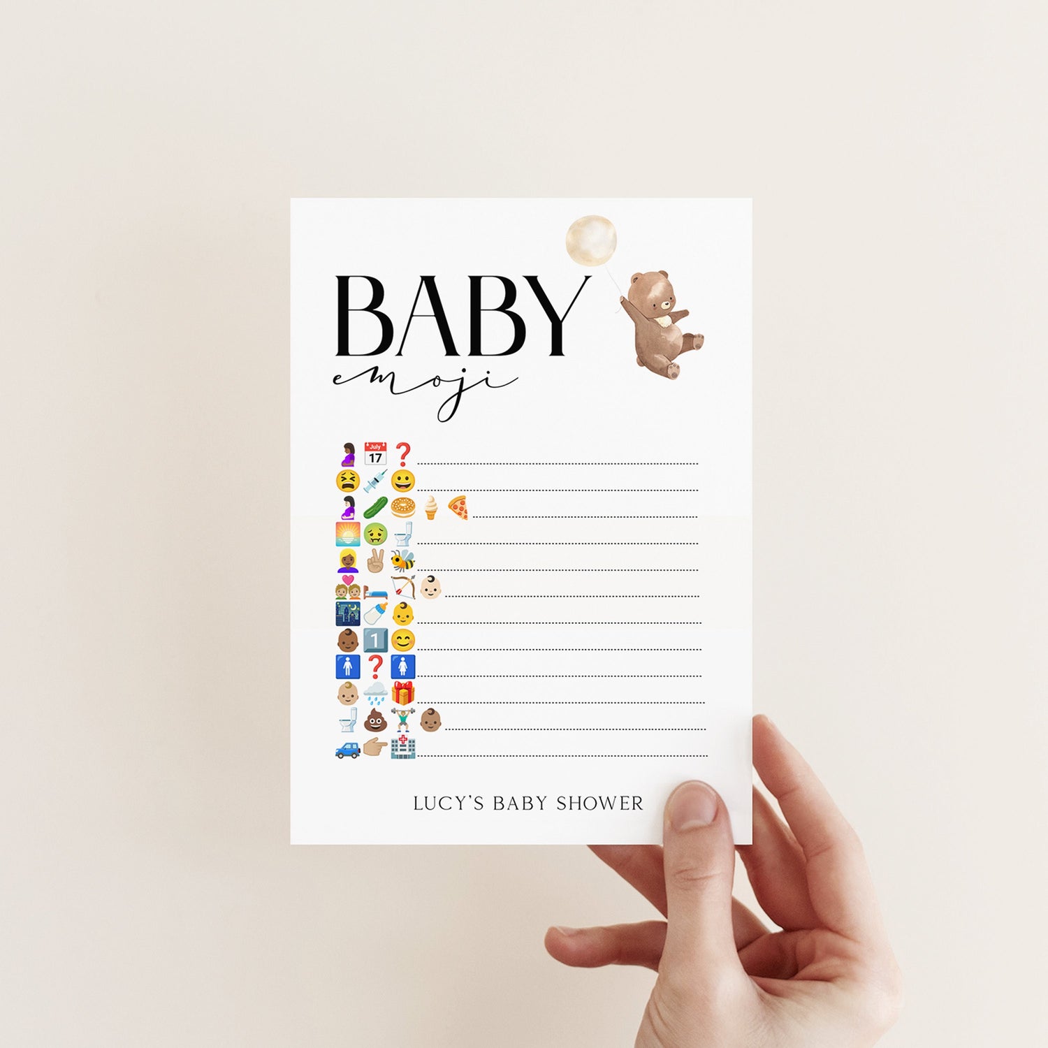 Bear Baby Shower Games-Emoji Game Cards-Personalised Baby Shower Game-Baby Emoji -Teddy Bear Theme-Gender Neutral Unisex-New Mum Baby Gift