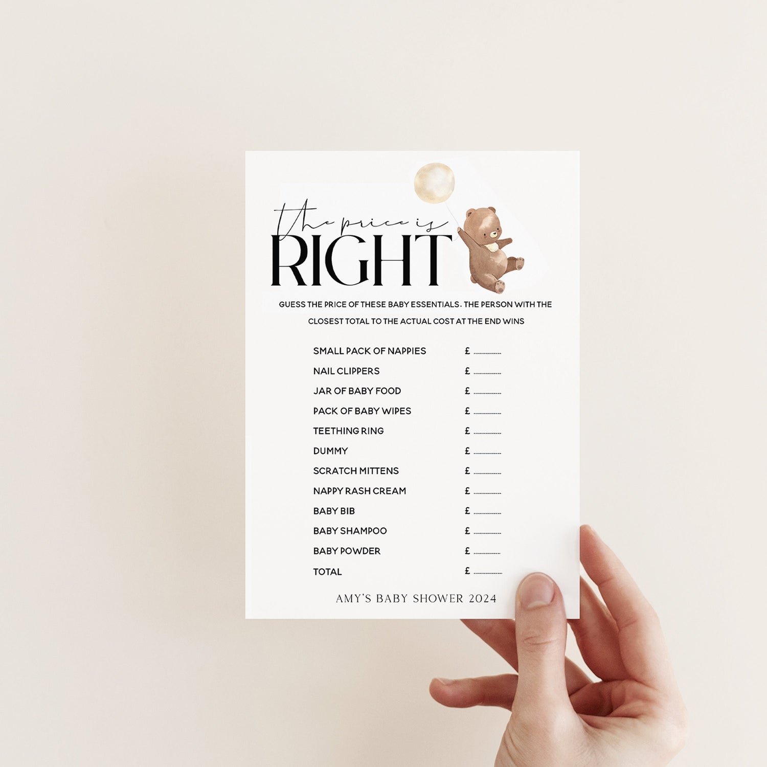 Bear Baby Shower Games-Guess The Price Game Card-Personalised Baby Shower Games- Price Is Right-Teddy Bear Theme-Gender Neutral Unisex- Gift