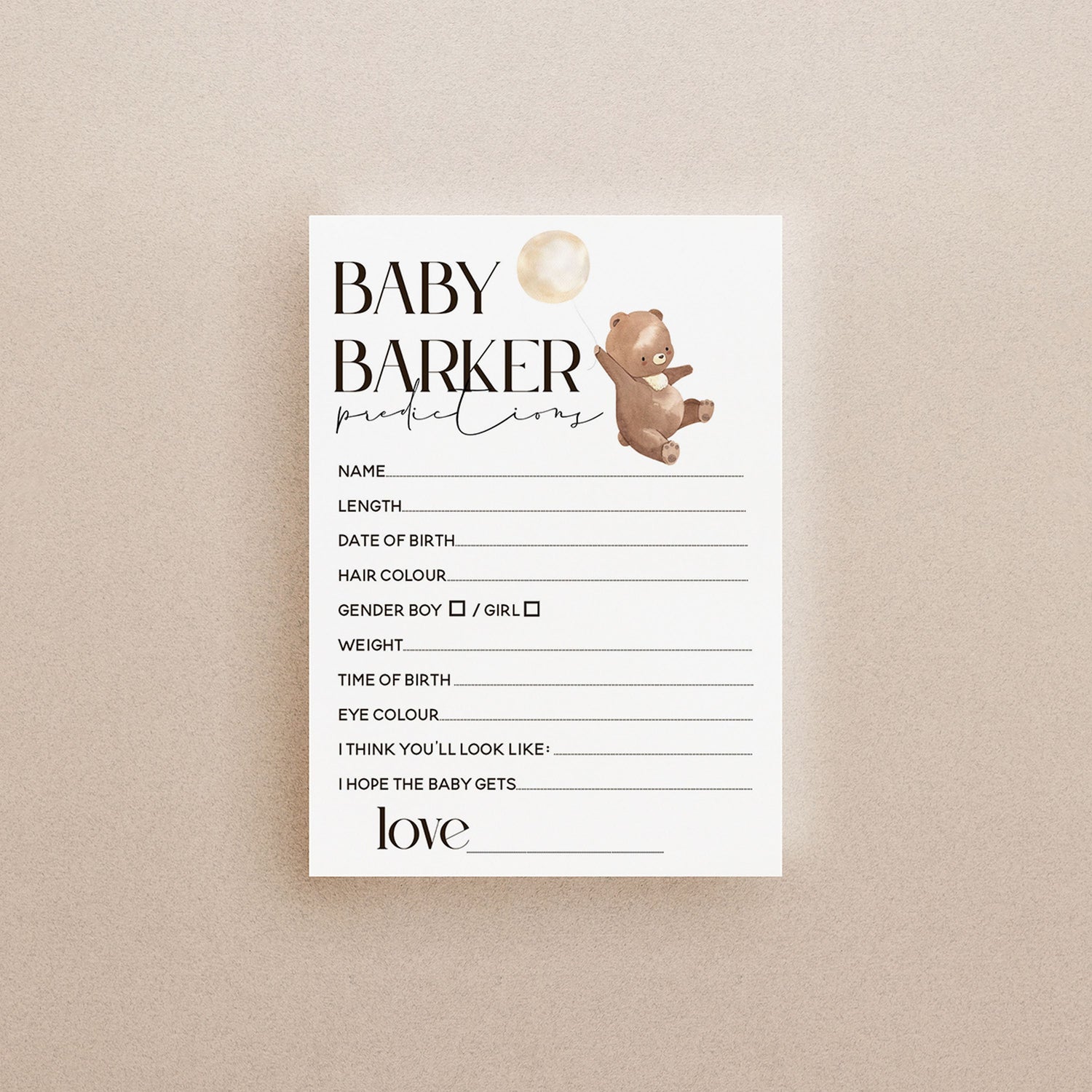 Bear Baby Shower Games-Prediction Cards-Personalised Baby Shower Games-Predictions-Teddy Bear Theme-Gender Neutral Unisex-New Mum Baby Gift