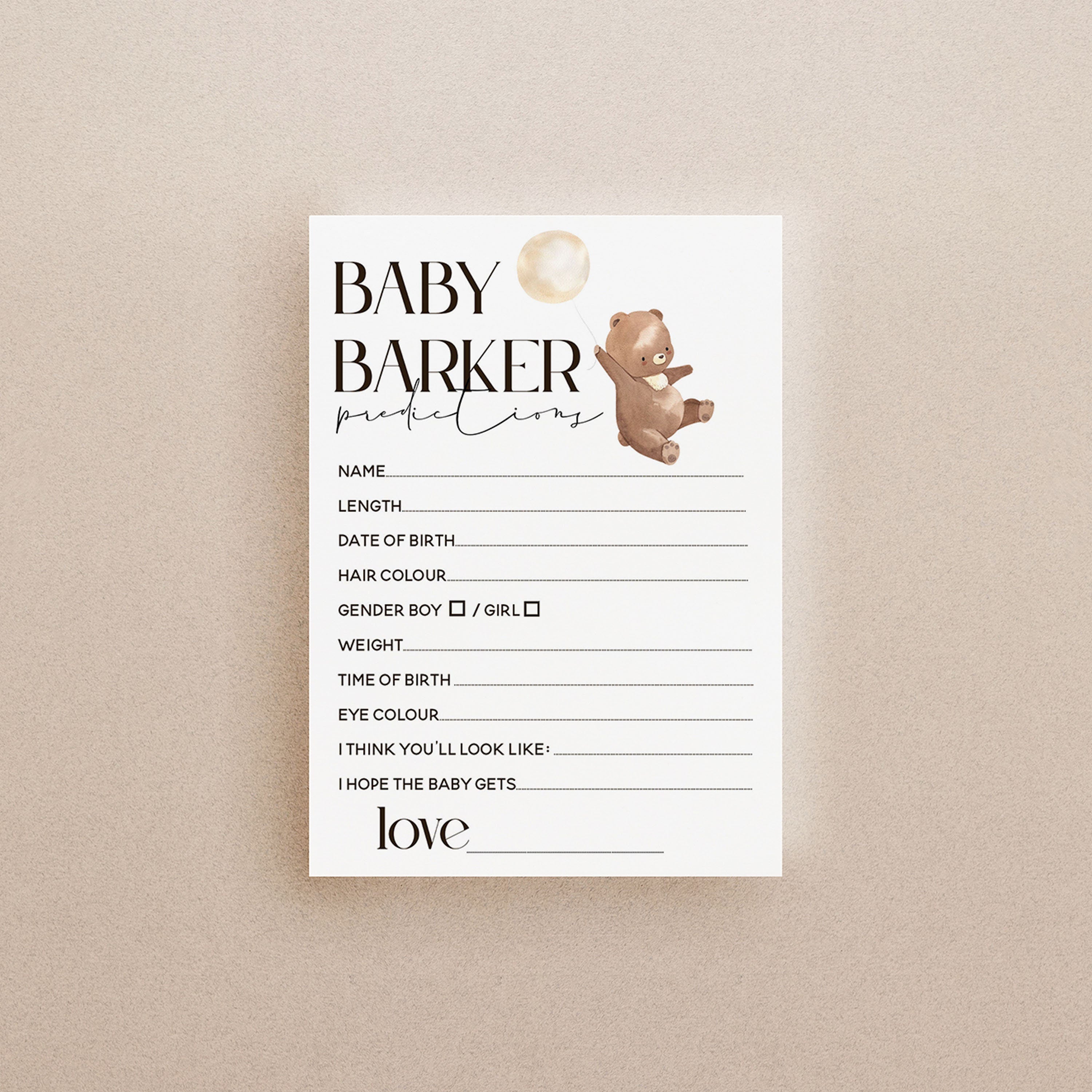 Bear Baby Shower Games-Prediction Cards-Personalised Baby Shower Games-Predictions-Teddy Bear Theme-Gender Neutral Unisex-New Mum Baby Gift