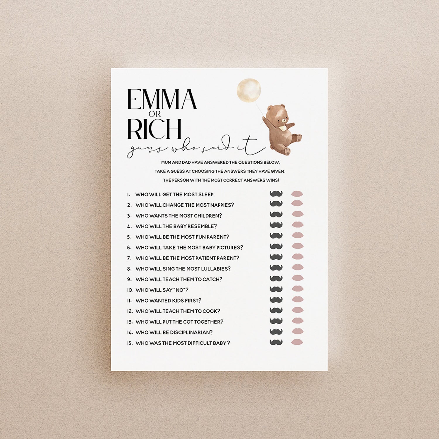 Bear Baby Shower Games-Mummy or Daddy Game Card-Personalised Baby Shower Games-Guess Who Said It-Teddy Bear Theme-New Mum Baby Gift-Boy Girl