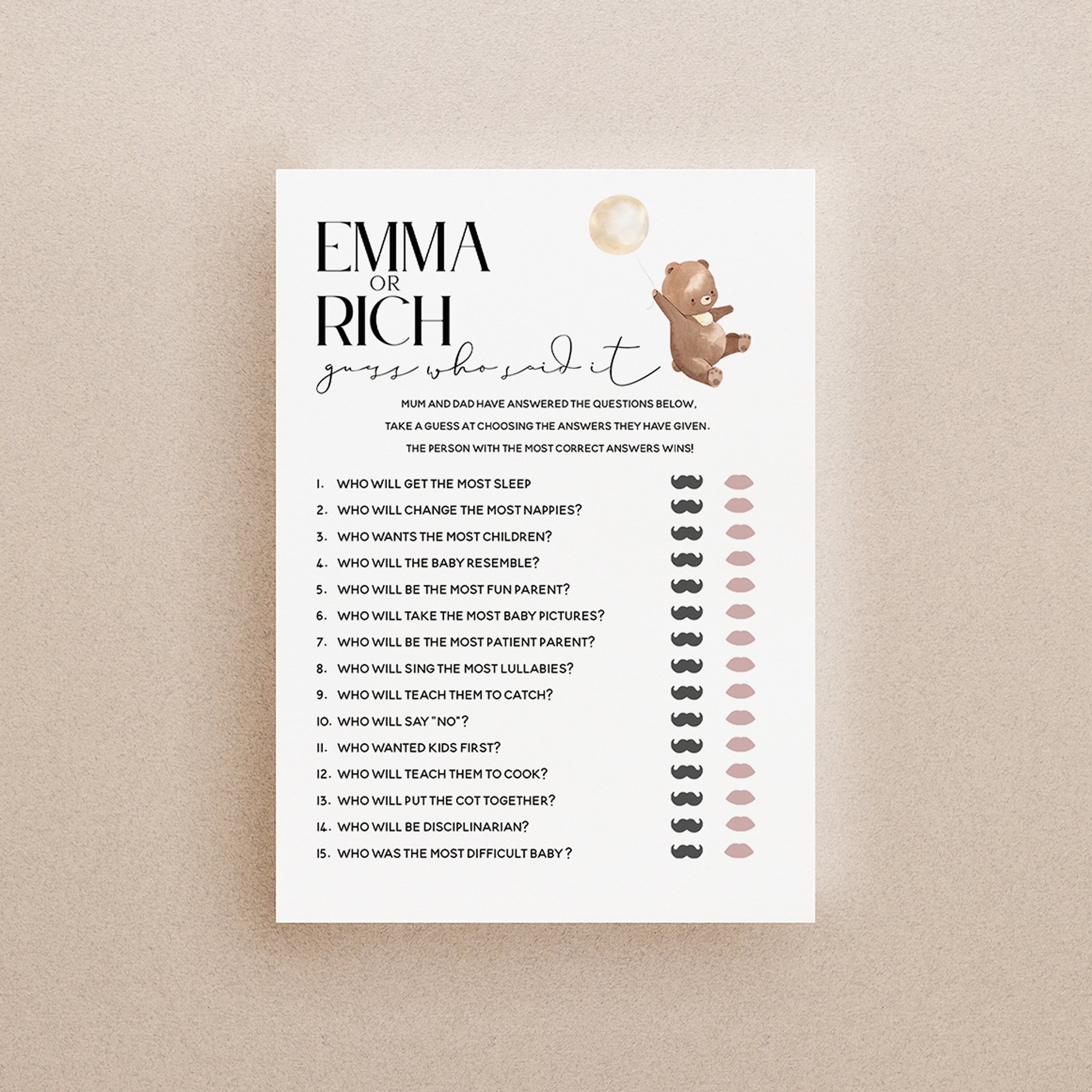 Bear Baby Shower Games-Mummy or Daddy Game Card-Personalised Baby Shower Games-Guess Who Said It-Teddy Bear Theme-New Mum Baby Gift-Boy Girl