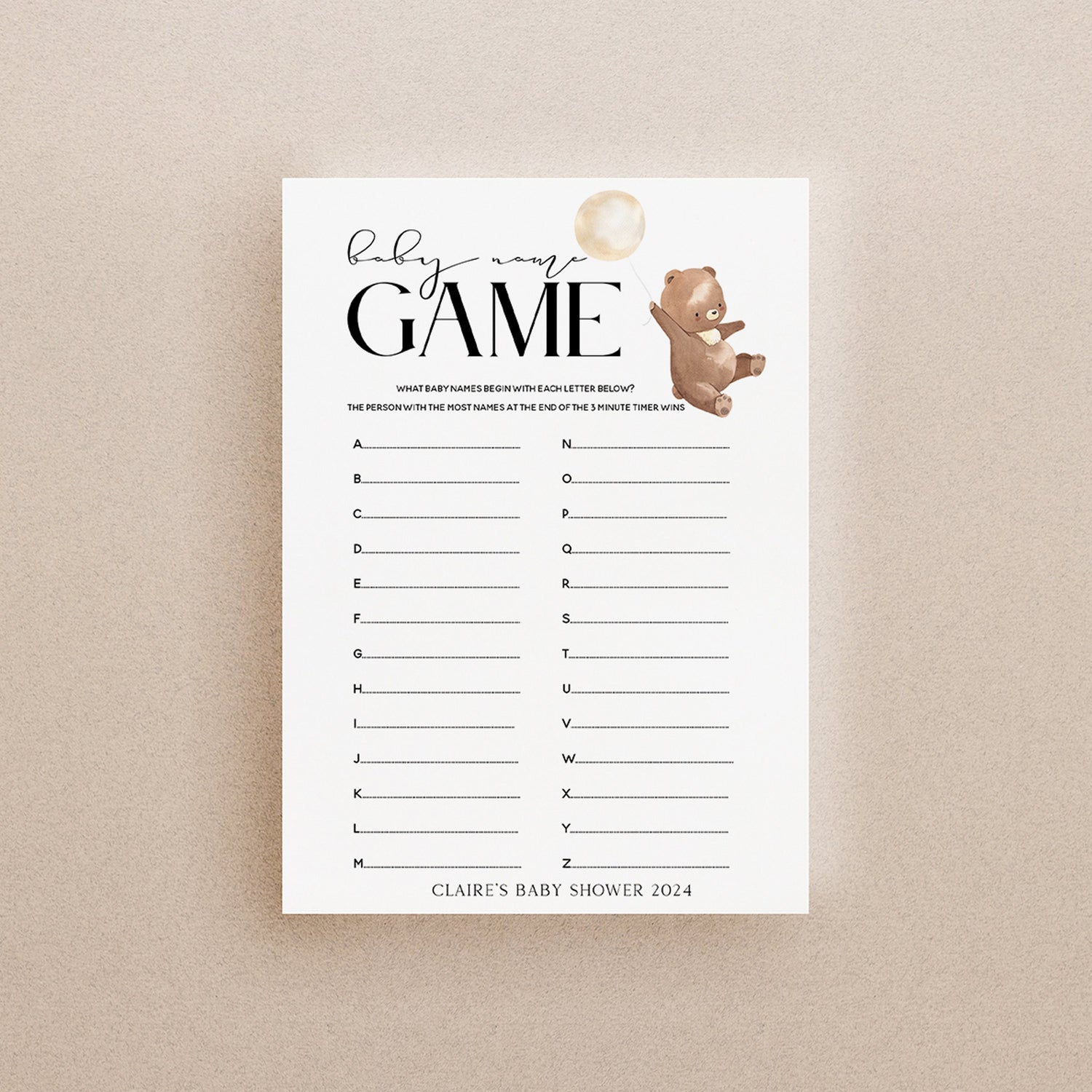 Bear Baby Shower Games- A-Z Name Game Cards-Personalised Baby Shower Games-Baby Name Race-Teddy Bear Theme-Gender Neutral-New Mum Baby Gift