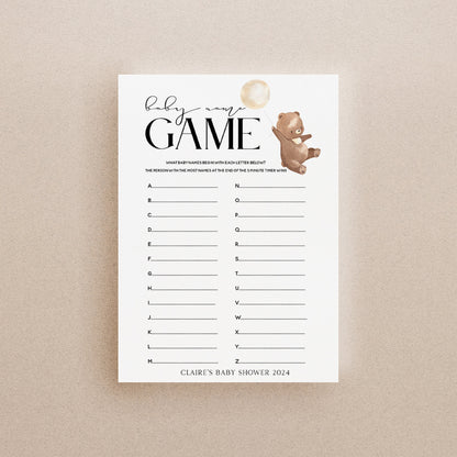 Bear Baby Shower Games- A-Z Name Game Cards-Personalised Baby Shower Games-Baby Name Race-Teddy Bear Theme-Gender Neutral-New Mum Baby Gift