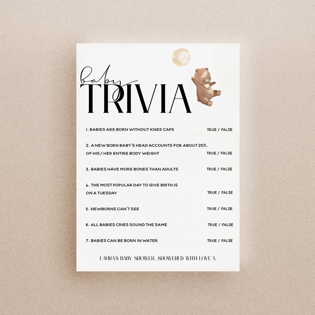 Bear Baby Shower Games-Baby Trivia Game Cards-Personalised Baby Shower Games-Teddy Bear Theme-Gender Neutral Unisex-New Mum Baby Gift