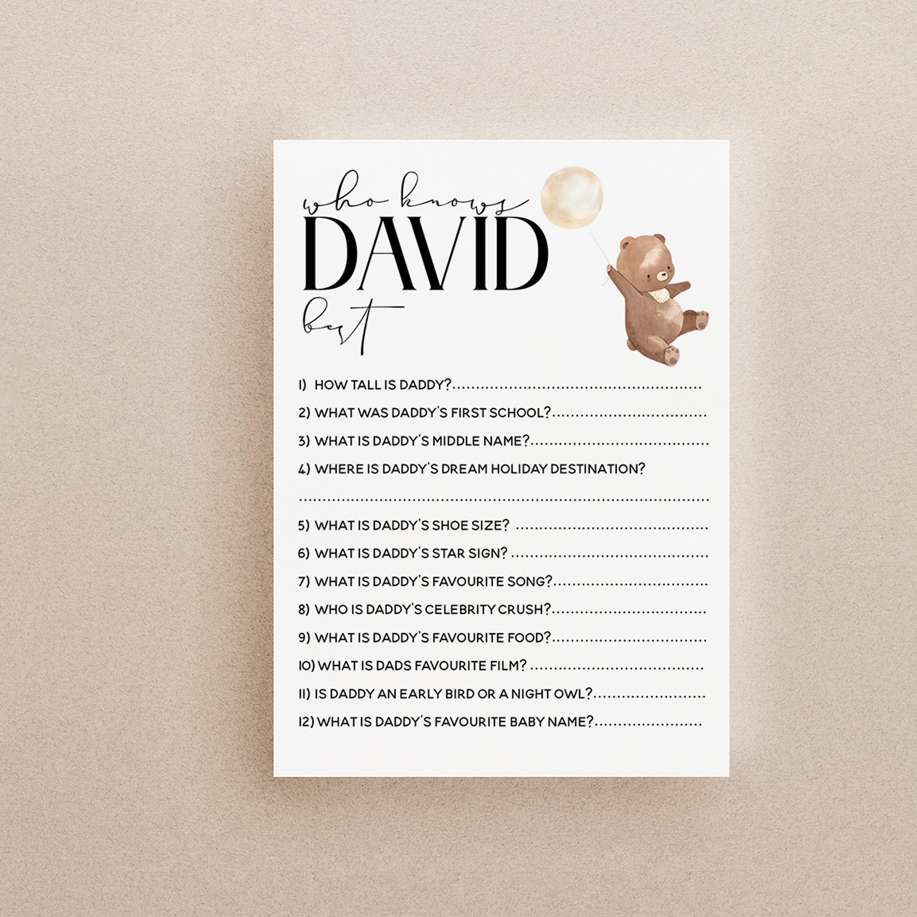 Bear Baby Shower Games-Who Knows Daddy Best Cards-Personalised Baby Shower Games-Teddy Bear Theme-Gender Neutral Unisex-New Mum Baby Gift