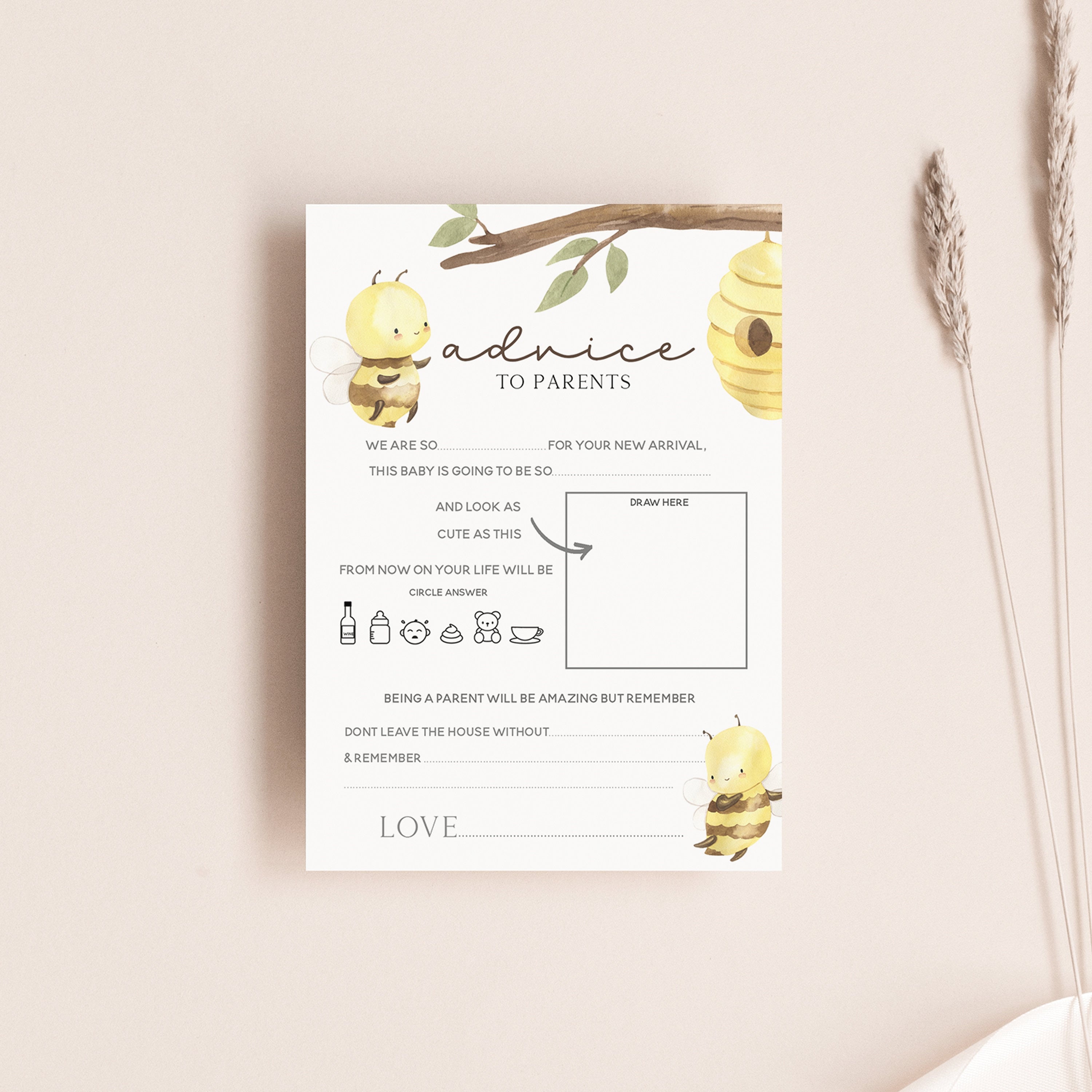 Baby Advice To Parents Cards | Baby Shower Game | Bumble Bee Theme | Mum To Be Cards | Neutral Baby Shower | Keepsake | Baby Sprinkle |