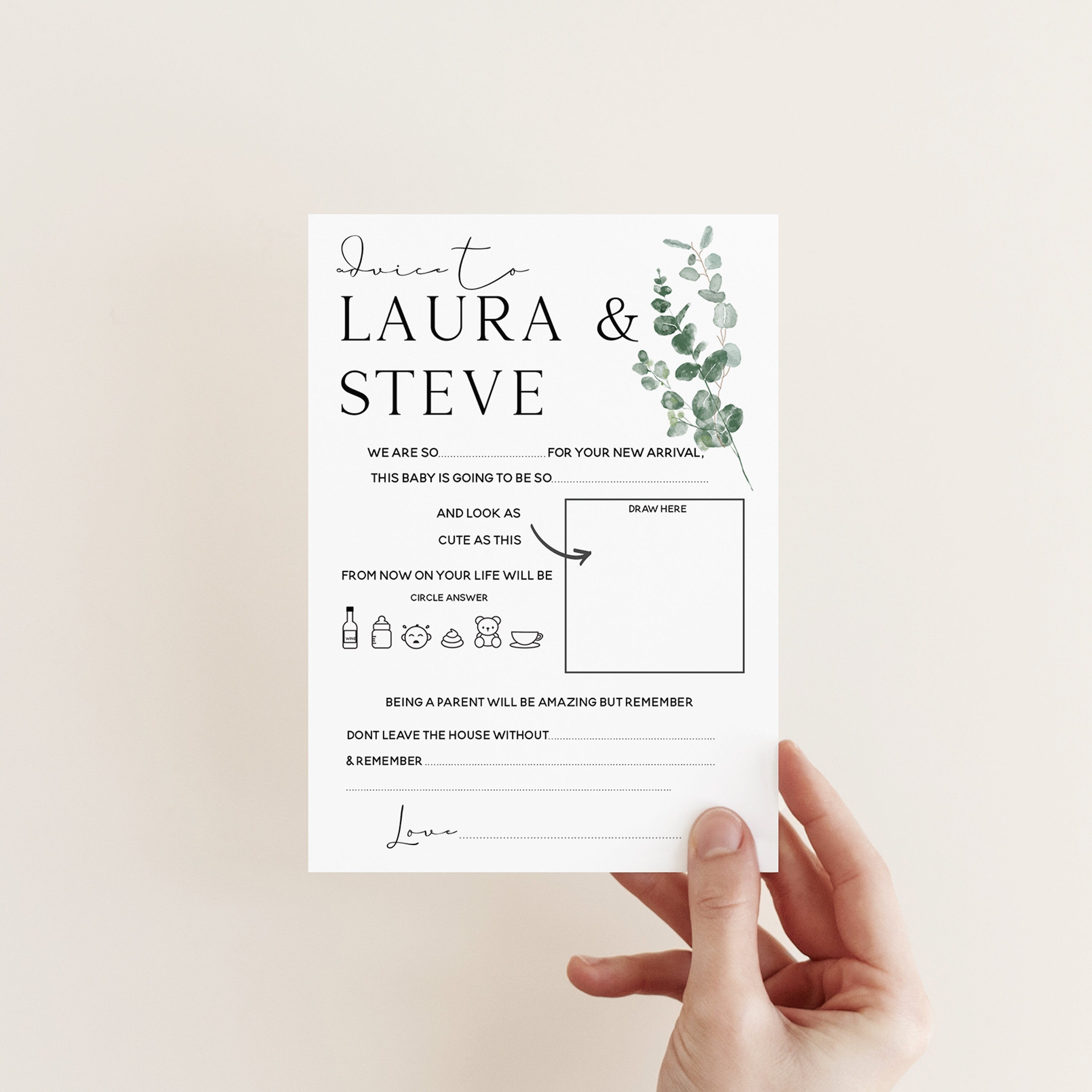 Botanical Baby Shower Games- Advice To Parents Cards-Personalised Baby Shower Games-Custom Advice Sage Theme-Gender Neutral -New Mum Baby