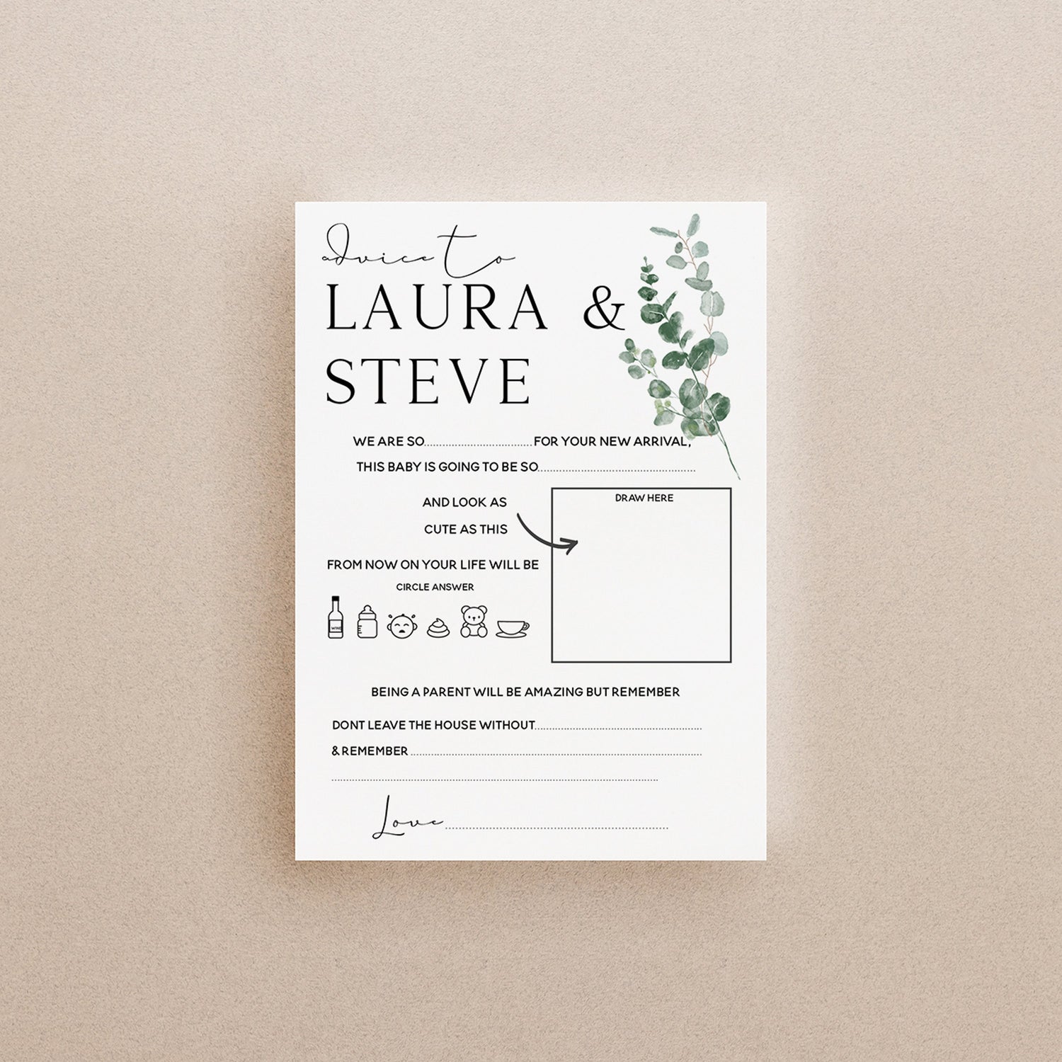 Botanical Baby Shower Games- Advice To Parents Cards-Personalised Baby Shower Games-Custom Advice Sage Theme-Gender Neutral -New Mum Baby