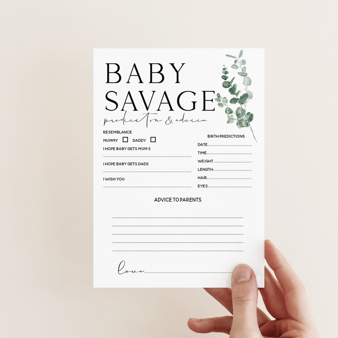 Botanical Baby Shower Games-Baby Prediction Advice Cards-Personalised Baby Shower Games-Custom Game- Sage Theme-Gender Neutral -New Mum Baby