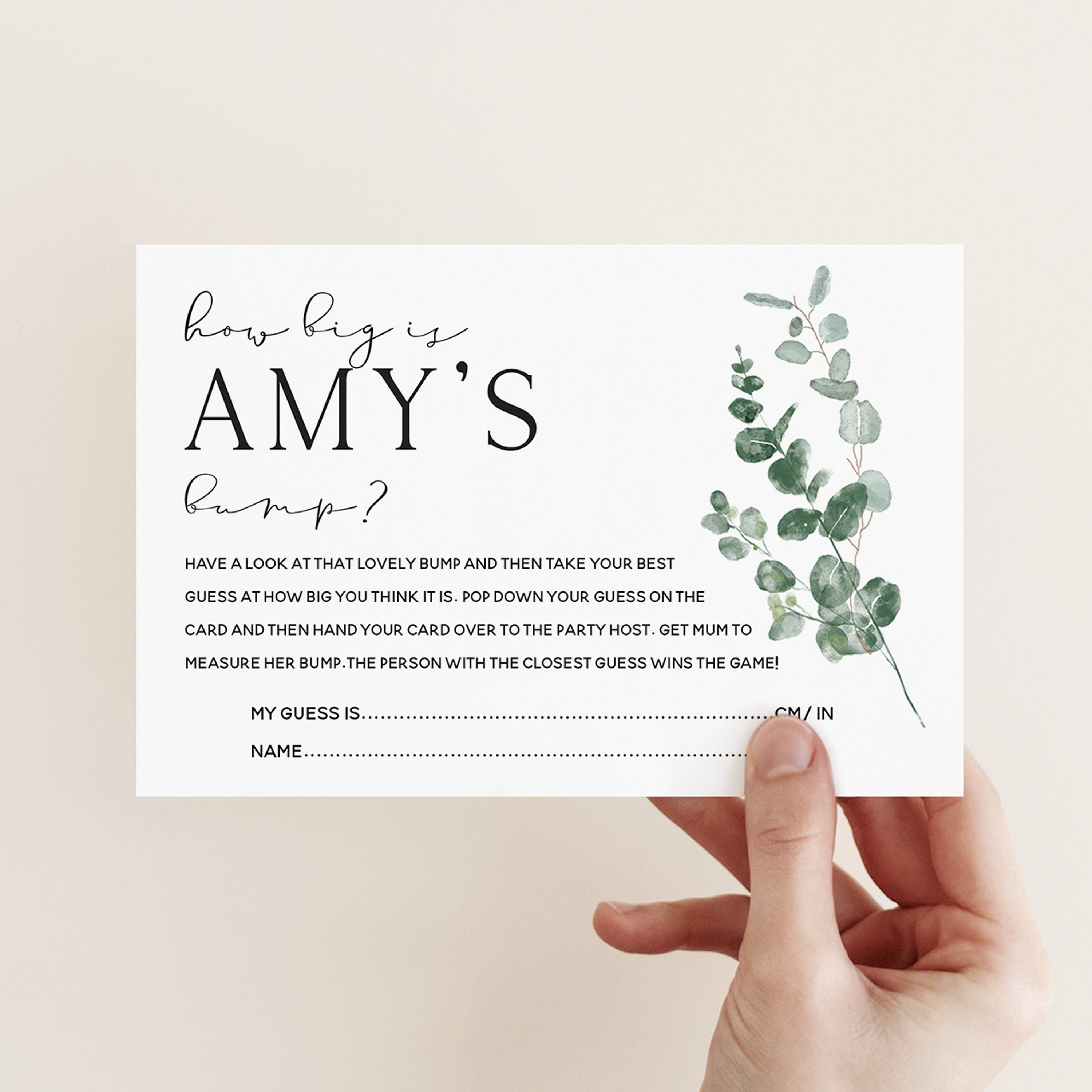 Botanical Baby Shower Games- How Big Is Mums Bump Cards-Personalised Baby Shower Games-Custom Sage Theme Games -Gender Neutral -New Mum Baby