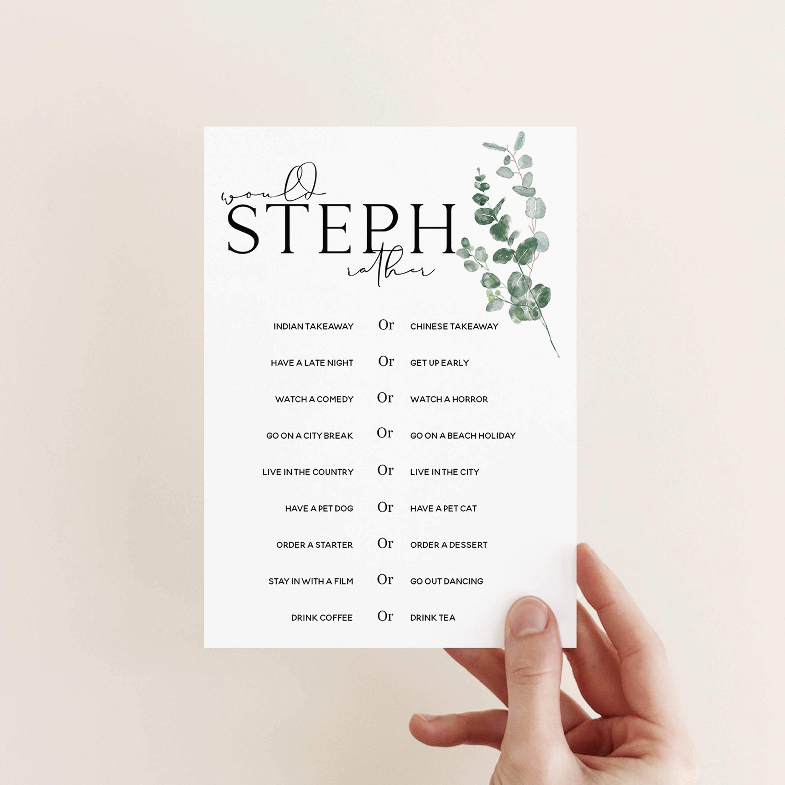 Botanical Baby Shower Games- Would She Rather Cards-Personalised Baby Shower Games-Custom Sage Theme Games -Gender Neutral -New Mum Baby