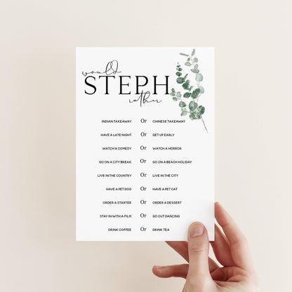 Botanical Baby Shower Games- Would She Rather Cards-Personalised Baby Shower Games-Custom Sage Theme Games -Gender Neutral -New Mum Baby