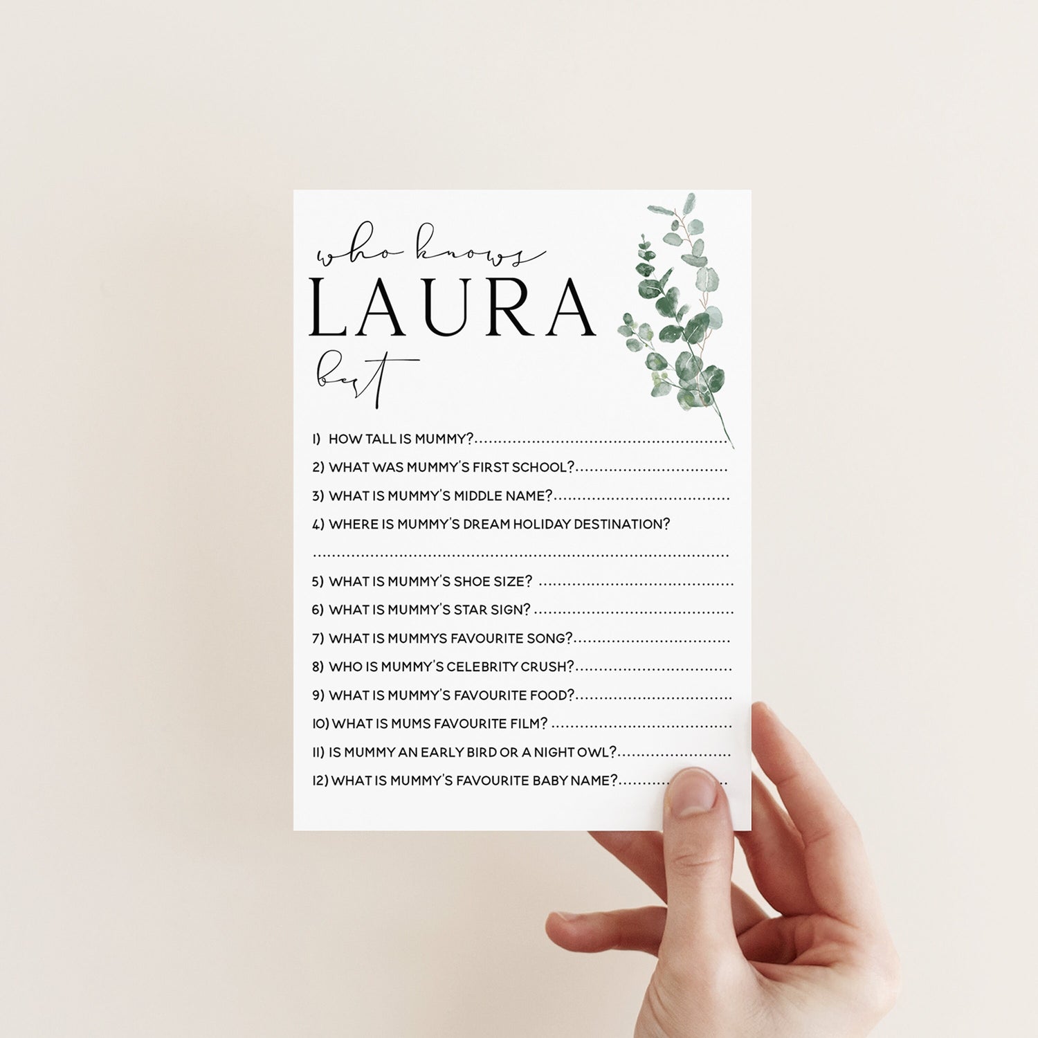 Botanical Baby Shower Games- Who Knows Mummy Best Game -Personalised Baby Shower Games-Custom Games Sage Theme-Gender Neutral -New Mum Baby