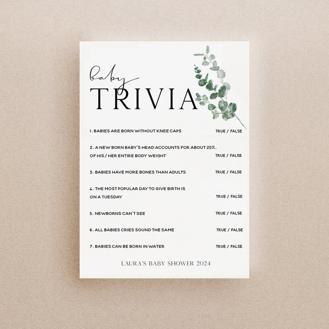 Botanical Baby Shower Games- Baby Trivia Game -Personalised Baby Shower Games-Custom Games Sage Theme-Gender Neutral -New Mum Baby