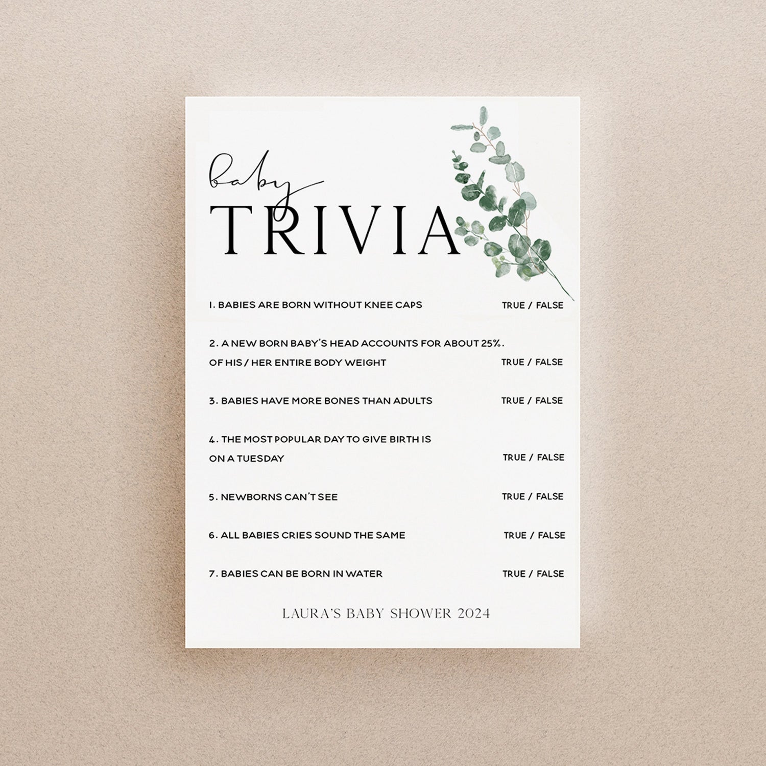 Botanical Baby Shower Games- Baby Trivia Game -Personalised Baby Shower Games-Custom Games Sage Theme-Gender Neutral -New Mum Baby
