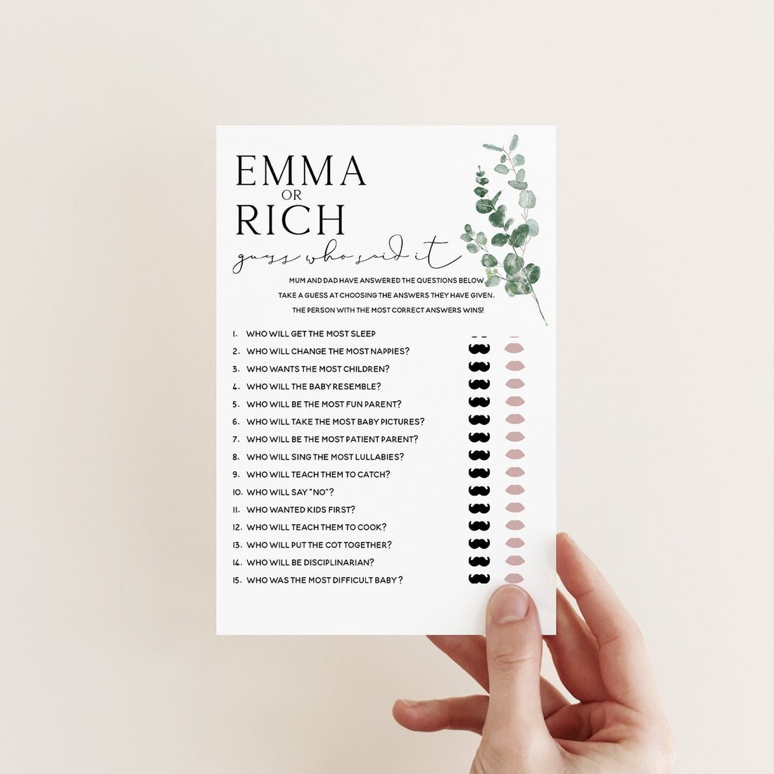 Botanical Baby Shower Games- Who Said It Game -Personalised Baby Shower Games-Custom Games Sage Theme-Gender Neutral -New Mum Baby