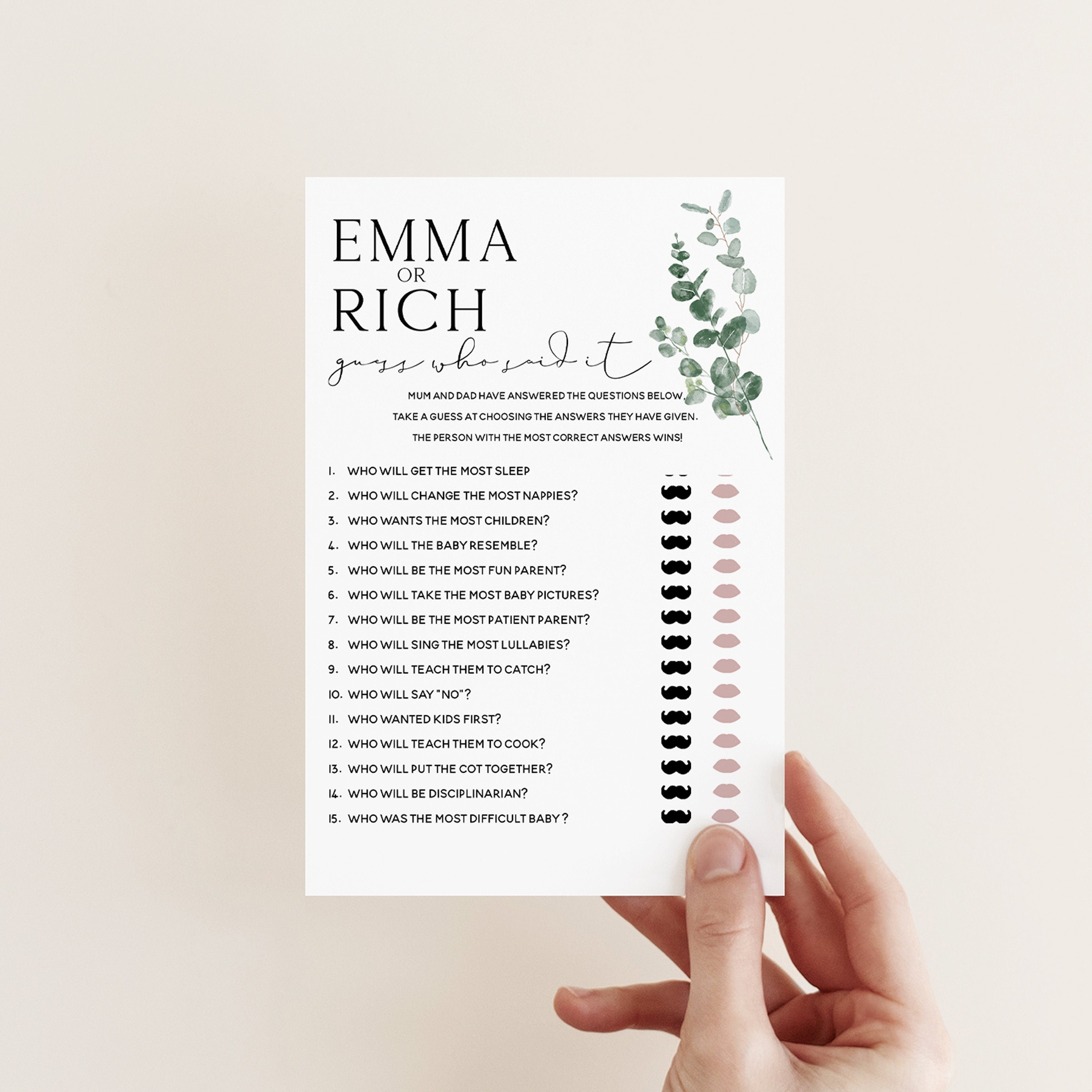 Botanical Baby Shower Games- Who Said It Game -Personalised Baby Shower Games-Custom Games Sage Theme-Gender Neutral -New Mum Baby