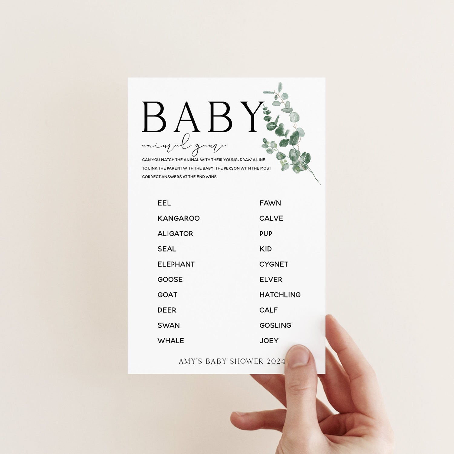 Botanical Baby Shower Games-  Match The Animal Game -Personalised Baby Shower Games-Custom Games Sage Theme-Gender Neutral -New Mum Baby
