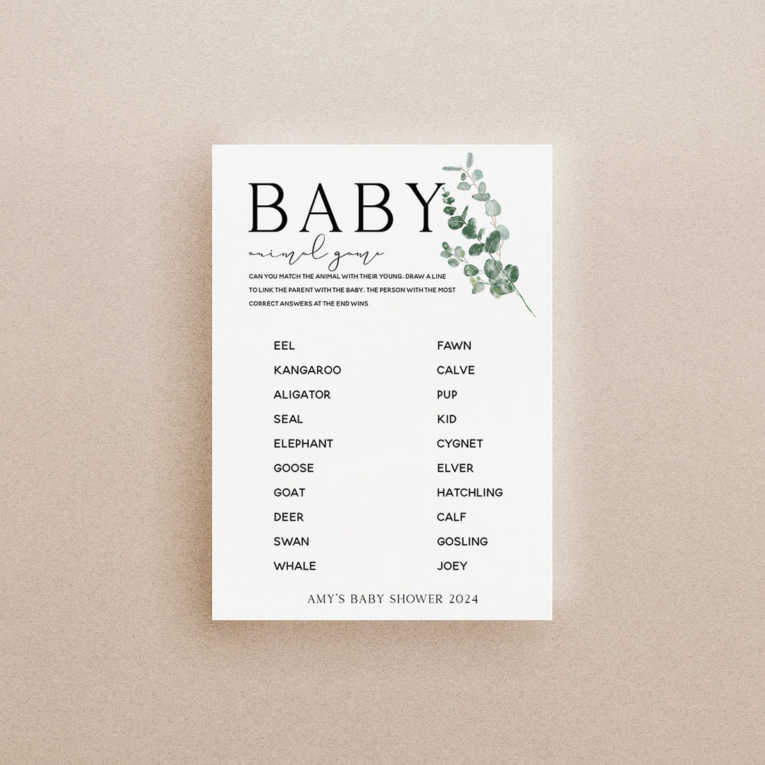 Botanical Baby Shower Games-  Match The Animal Game -Personalised Baby Shower Games-Custom Games Sage Theme-Gender Neutral -New Mum Baby