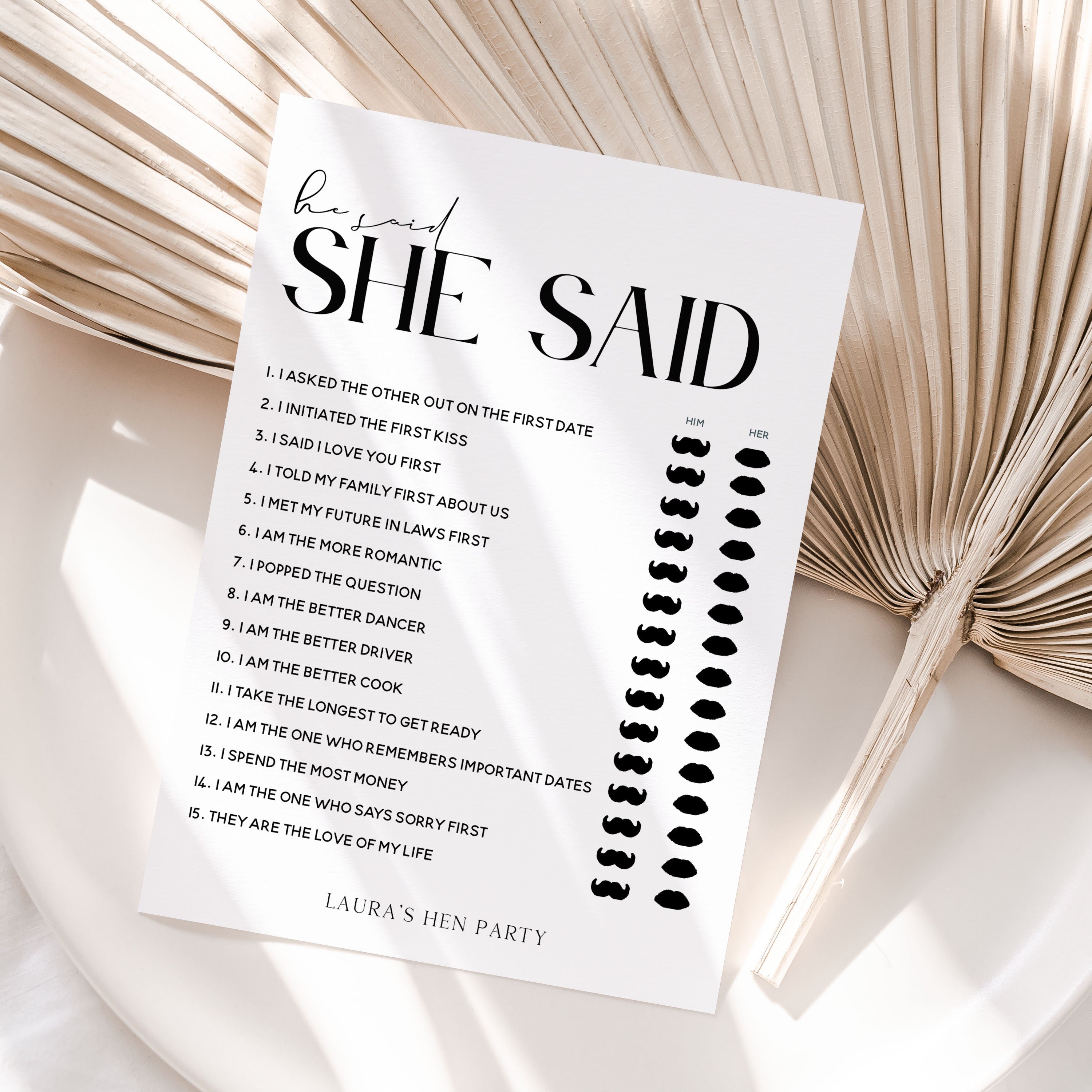 Personalised Minimalist He Said She Said Hen Party Game