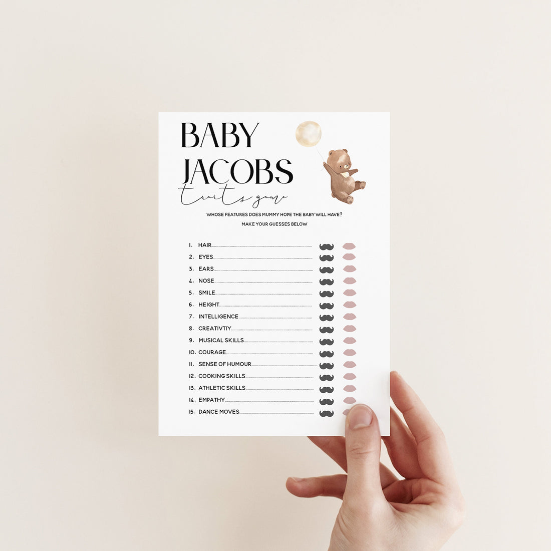 Bear Baby Shower Games-Baby Parent Traits Game Cards-Personalised Baby Shower Games-Teddy Bear Theme-Gender Neutral Unisex-New Mum Baby Gift