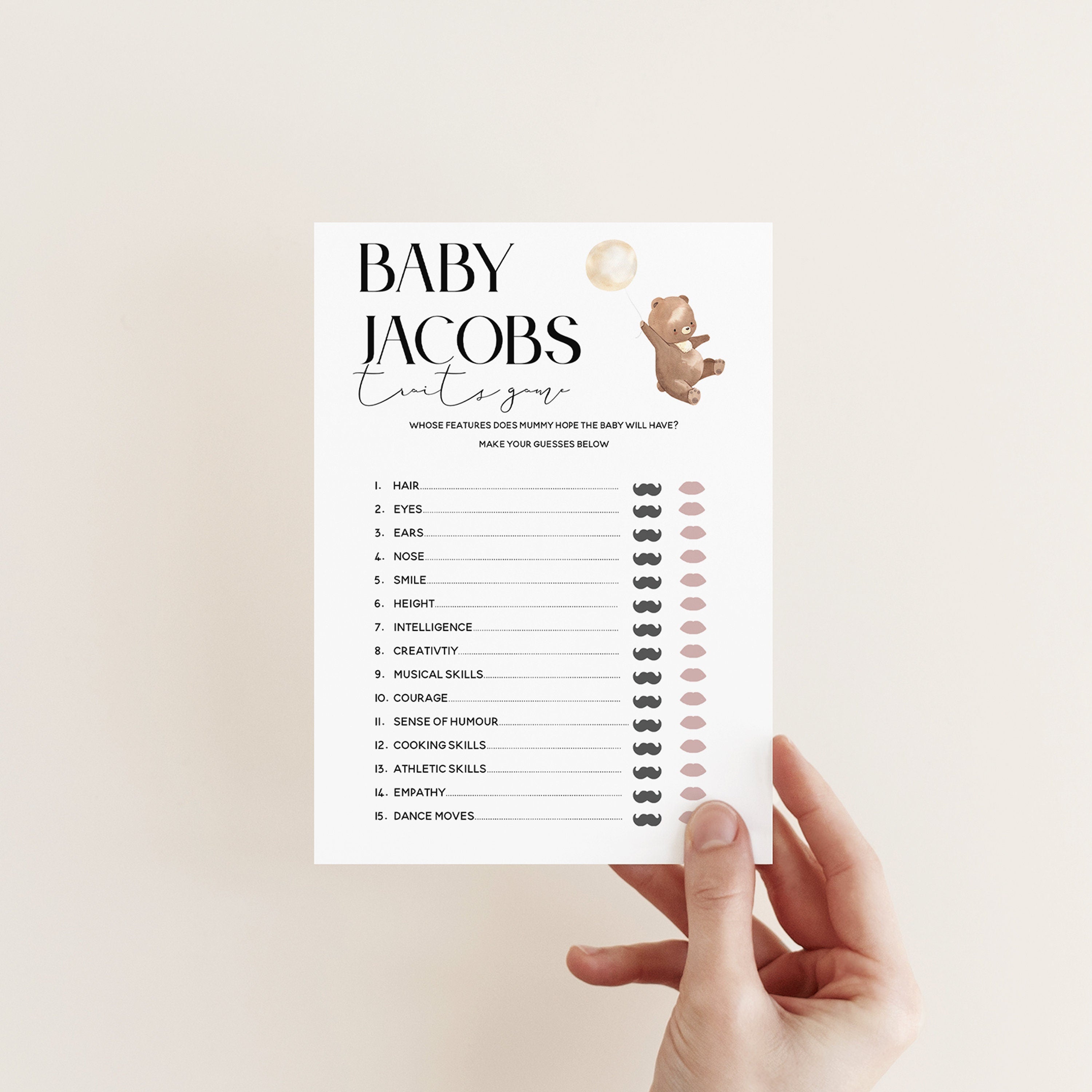 Bear Baby Shower Games-Baby Parent Traits Game Cards-Personalised Baby Shower Games-Teddy Bear Theme-Gender Neutral Unisex-New Mum Baby Gift