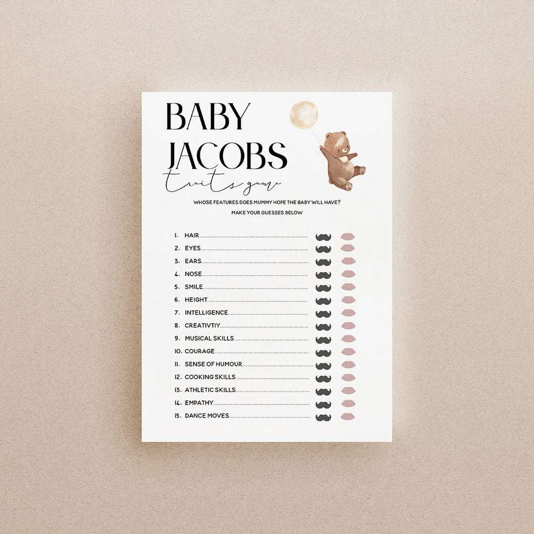 Bear Baby Shower Games-Baby Parent Traits Game Cards-Personalised Baby Shower Games-Teddy Bear Theme-Gender Neutral Unisex-New Mum Baby Gift