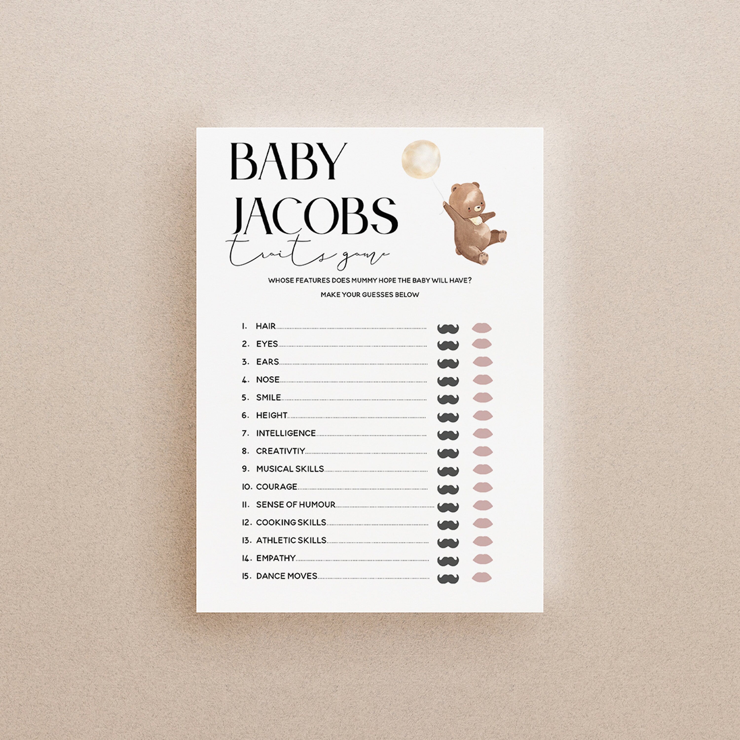 Bear Baby Shower Games-Baby Parent Traits Game Cards-Personalised Baby Shower Games-Teddy Bear Theme-Gender Neutral Unisex-New Mum Baby Gift