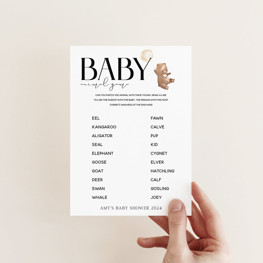 Bear Baby Shower Games-Animal Game Card-Personalised Baby Shower Games-Baby Animal -Teddy Bear Theme-Gender Neutral Unisex-New Mum Baby Gift