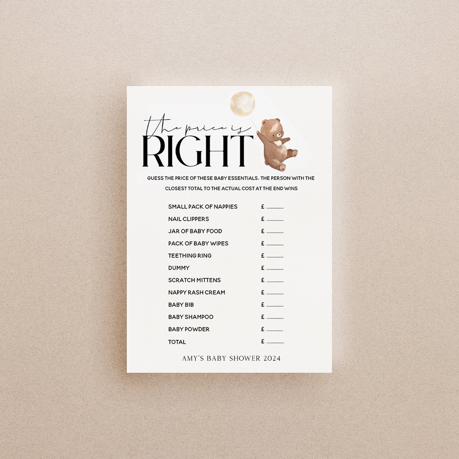 Bear Baby Shower Games-Guess The Price Game Card-Personalised Baby Shower Games- Price Is Right-Teddy Bear Theme-Gender Neutral Unisex- Gift