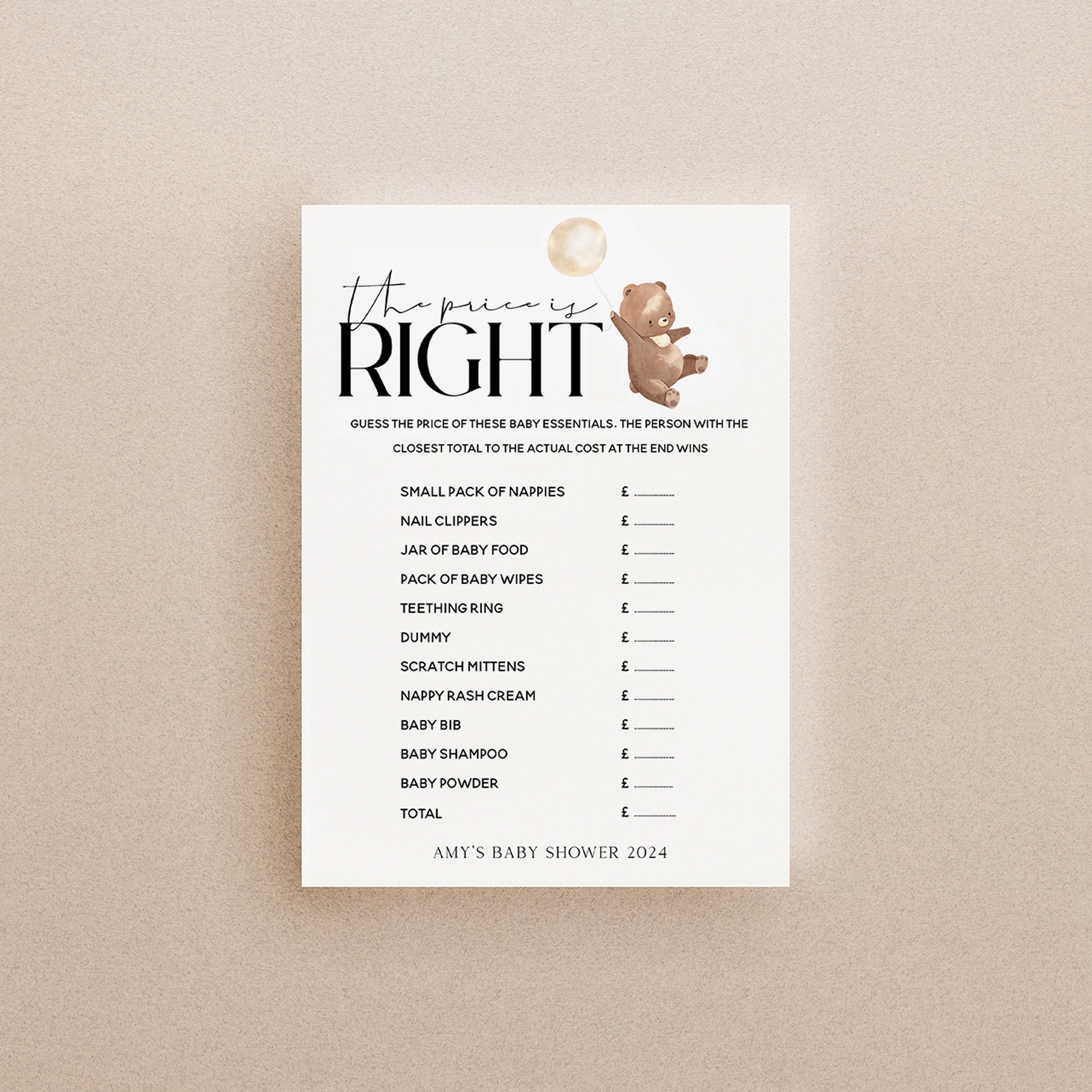 Bear Baby Shower Games-Guess The Price Game Card-Personalised Baby Shower Games- Price Is Right-Teddy Bear Theme-Gender Neutral Unisex- Gift