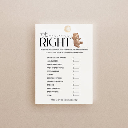 Bear Baby Shower Games-Guess The Price Game Card-Personalised Baby Shower Games- Price Is Right-Teddy Bear Theme-Gender Neutral Unisex- Gift