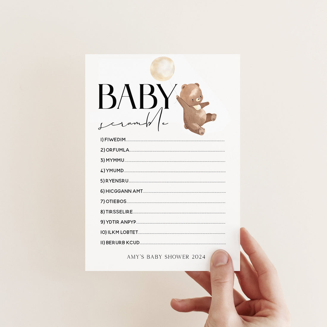 Bear Baby Shower Games-Word Scramble Game Cards-Personalised Baby Shower Games-Teddy Bear Theme-Gender Neutral Unisex-New Mum Baby Gift