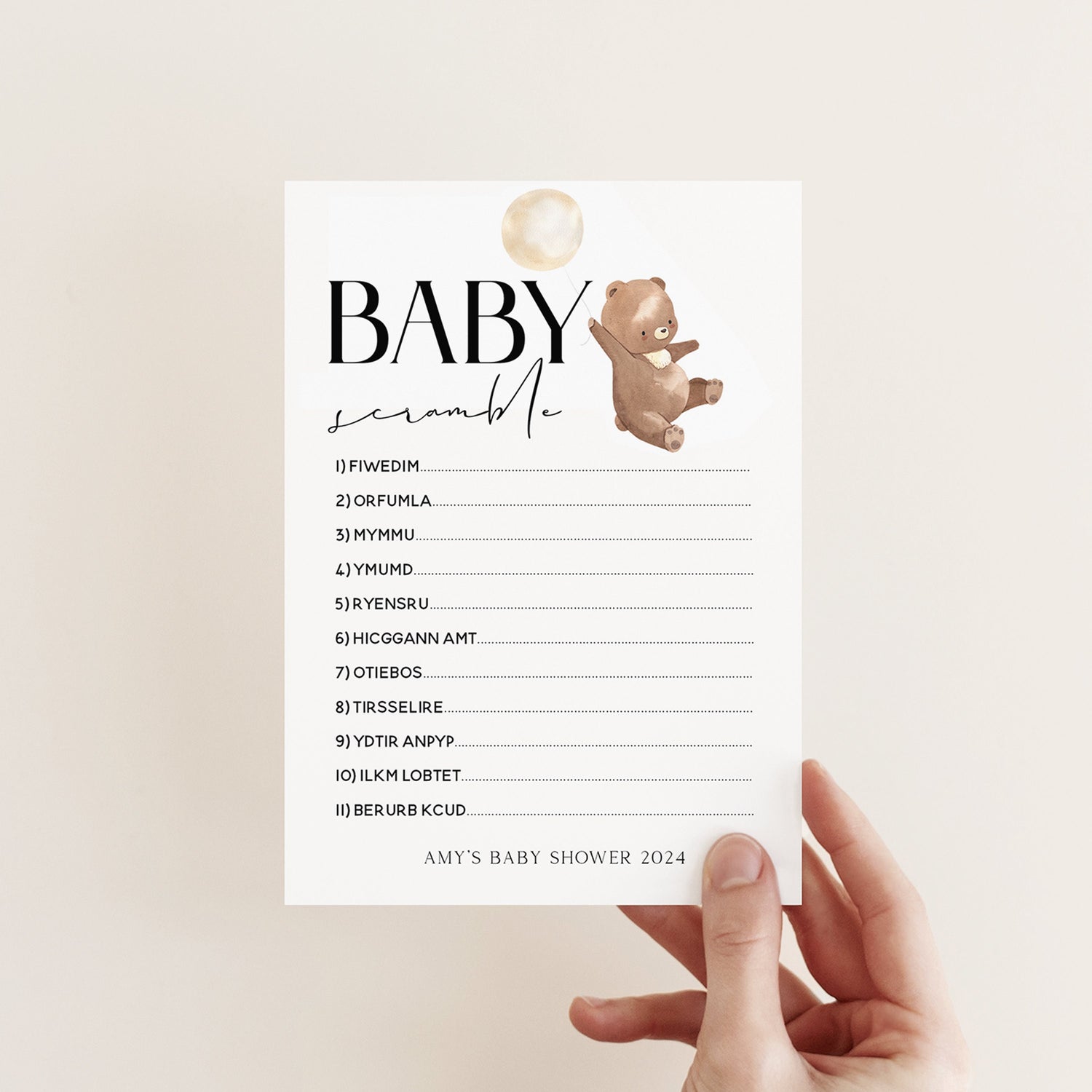 Bear Baby Shower Games-Word Scramble Game Cards-Personalised Baby Shower Games-Teddy Bear Theme-Gender Neutral Unisex-New Mum Baby Gift