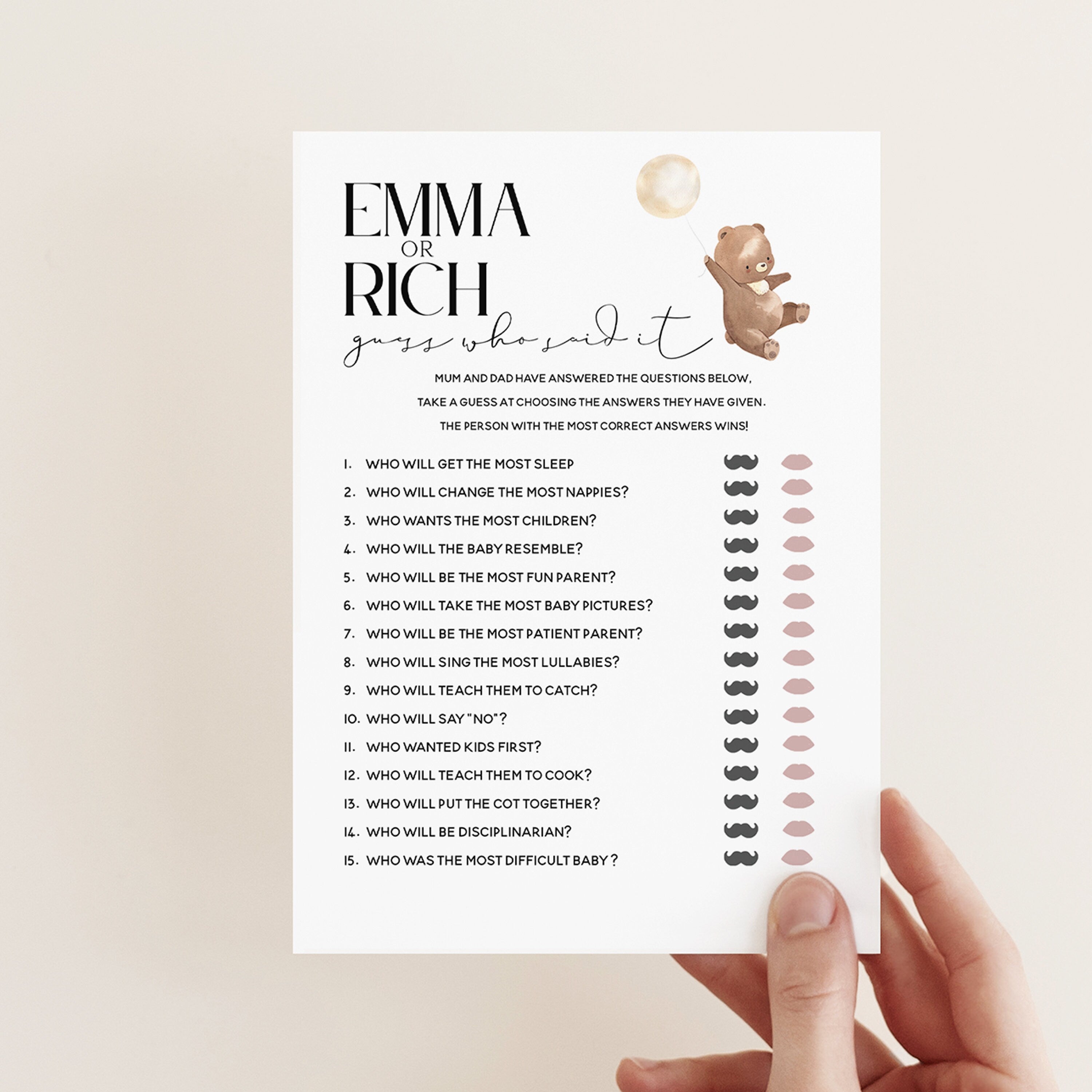 Bear Baby Shower Games-Mummy or Daddy Game Card-Personalised Baby Shower Games-Guess Who Said It-Teddy Bear Theme-New Mum Baby Gift-Boy Girl