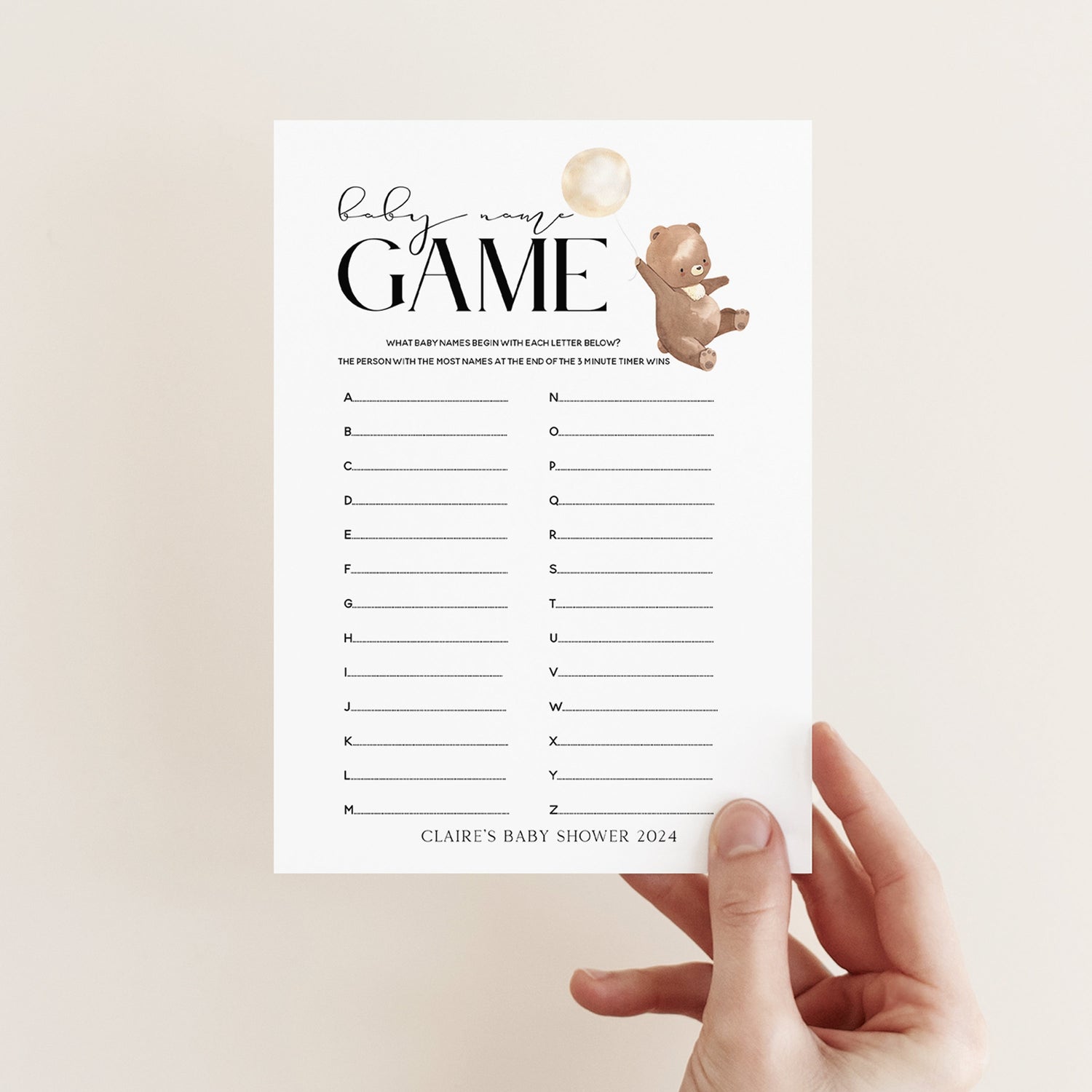 Bear Baby Shower Games- A-Z Name Game Cards-Personalised Baby Shower Games-Baby Name Race-Teddy Bear Theme-Gender Neutral-New Mum Baby Gift