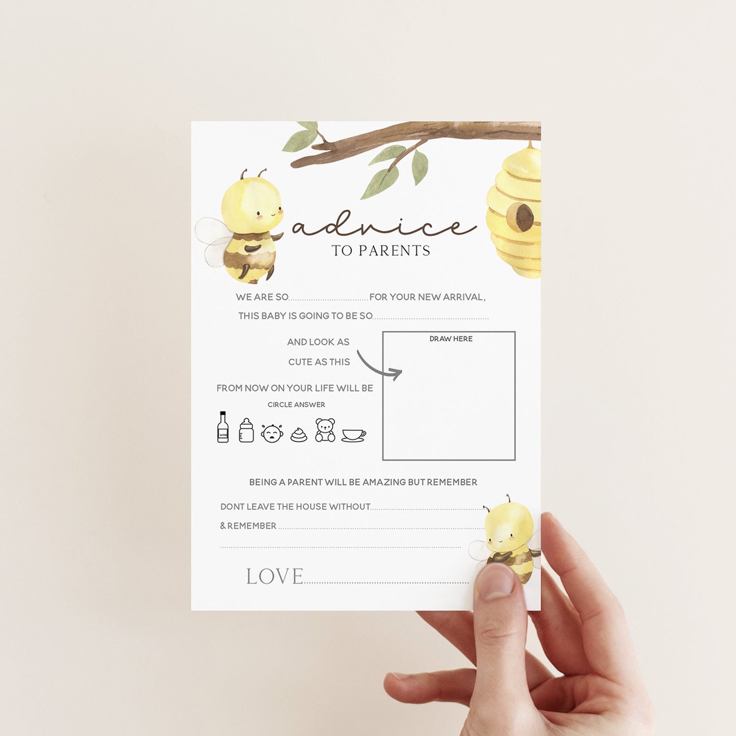 Baby Advice To Parents Cards | Baby Shower Game | Bumble Bee Theme | Mum To Be Cards | Neutral Baby Shower | Keepsake | Baby Sprinkle |