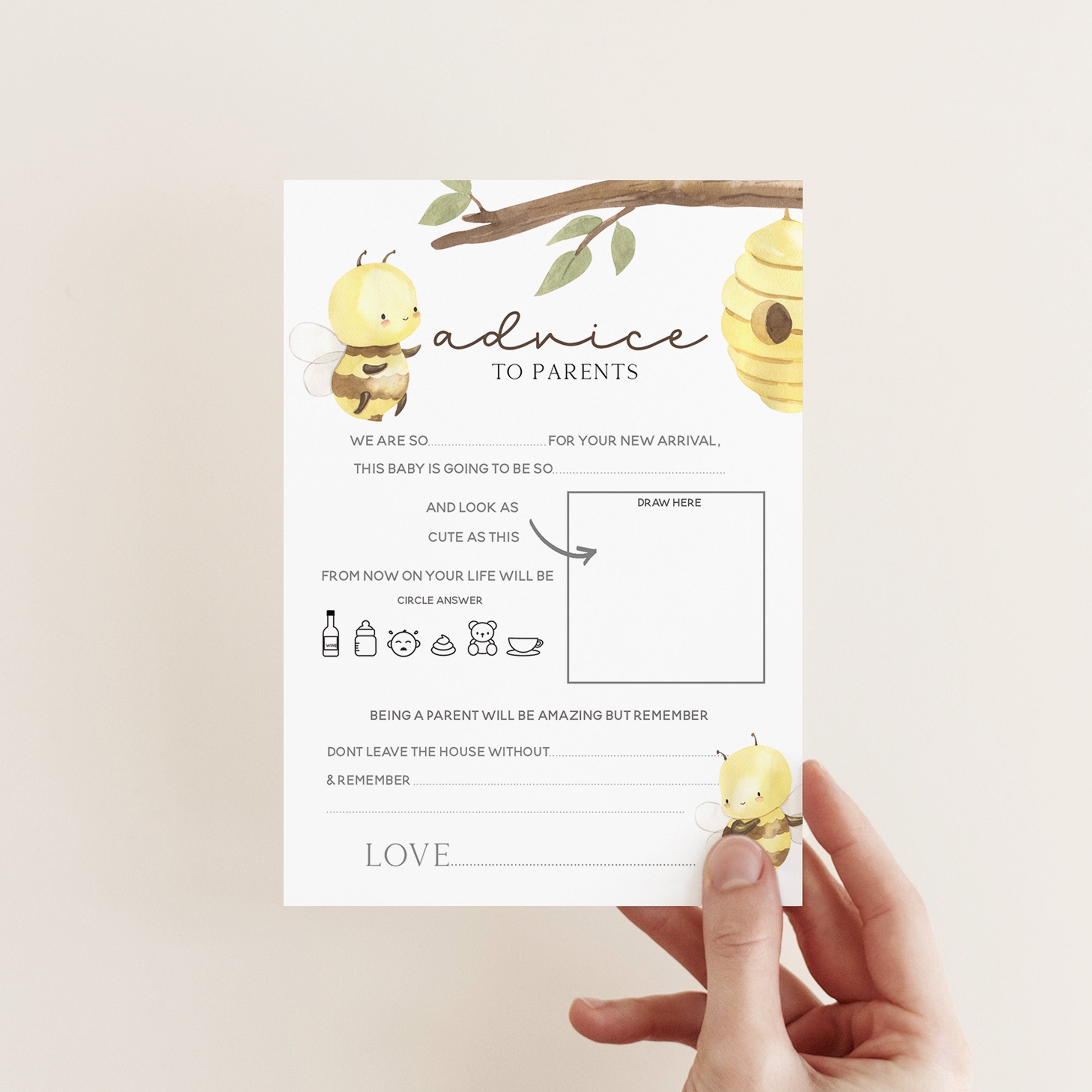 Baby Advice To Parents Cards | Baby Shower Game | Bumble Bee Theme | Mum To Be Cards | Neutral Baby Shower | Keepsake | Baby Sprinkle |