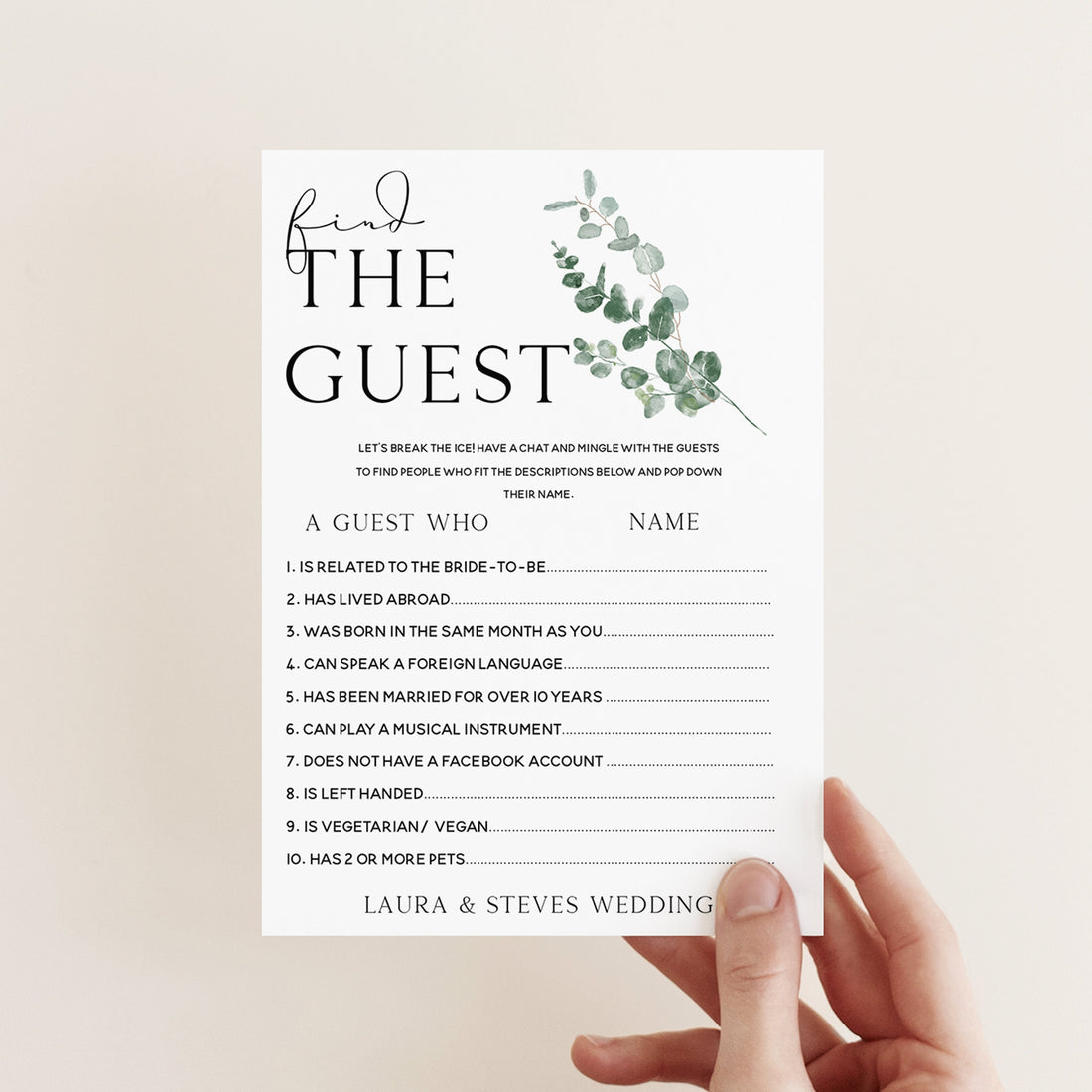 Find The Guest Botanical Personalised Wedding Game