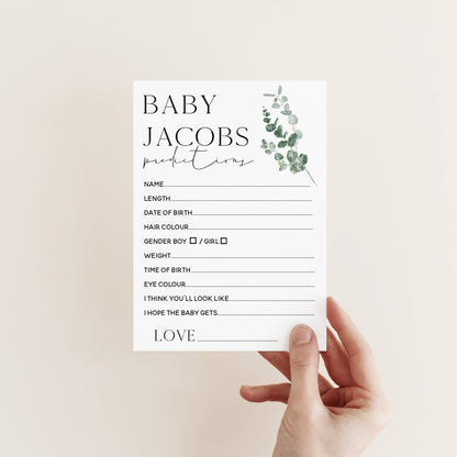 Botanical Baby Shower Games-Baby Prediction Cards-Personalised Baby Shower Games-Custom Prediction- Sage Theme-Gender Neutral -New Mum Baby