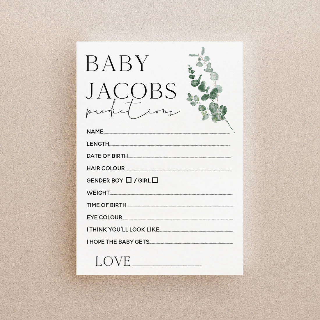 Botanical Baby Shower Games-Baby Prediction Cards-Personalised Baby Shower Games-Custom Prediction- Sage Theme-Gender Neutral -New Mum Baby